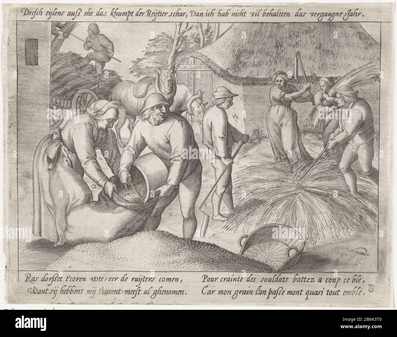 Trebbiatura mais grano Crescente (titolo della serie) uomini e donne separano i semi dalla paglia nel cortile della fattoria. Fanno i semi in sacchetti. Per stampare una nota sulla presentazione in tedesco, olandese e francese. Produttore : stampatore Antonie Chi: Rix (II) (possibile) stampatore John Wierix (possibile) progettare: Marten van Cleve (i) progettare Willem van Haecht (i) autore: Willem van Haecht (i) (possibile) editore: Willem van Haecht (i) Fabbricazione Luogo: Anversa Data: 1565 - caratteristiche 1604 Materiale: Carta Tecnica: Engra (processo di stampa) dimensioni: Bordo della lastra: H 145 mm Foto Stock