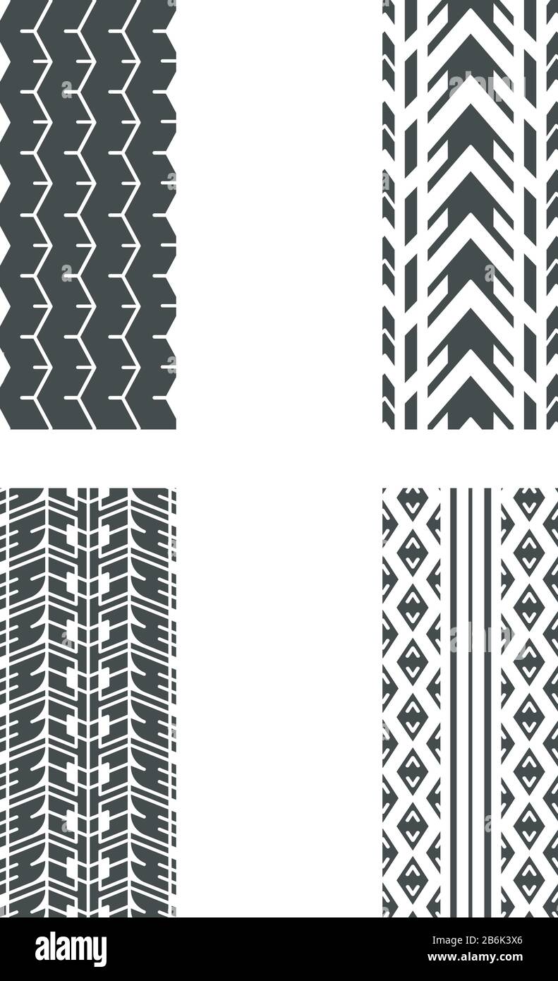 Track stampa icone glifi nere impostate sullo spazio bianco. Marchi dettagliati di automobili, motociclette e pneumatici per biciclette. Auto estate e inverno ruota traccia. Percorso pneumatici Illustrazione Vettoriale