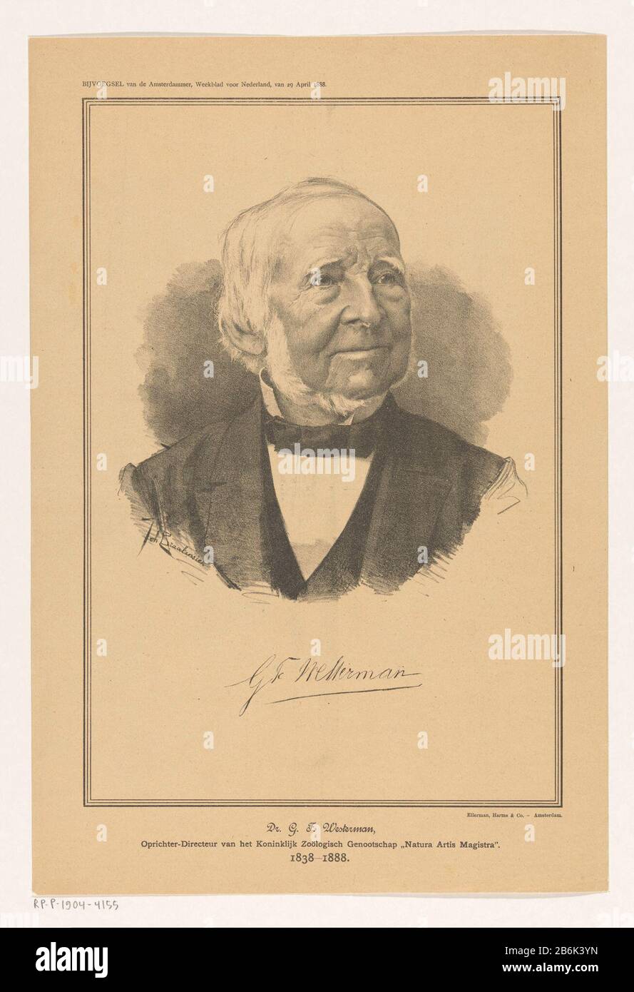 Dr GF Westerman (oggetto titolo originale) Ritratto di Gerardus Frederik Westerman, uno dei tre fondatori della Royal Zoological Society natura Artis Magistra . Produttore : tipografo: Johan Braakensiek (edificio elencato) stampante: Ellerman Harms & Co. (Edificio Elencato) Datata: 29 aprile 1888 Materiale: Tecnica della carta: Litografia (tecnica) dimensioni: Foglio: H 438 mm × W 296 mmToelichtingVerschenen nell'appendice del 'Amsterdam, Olanda per Settimanale '29 aprile 1888. Oggetto: Persona storica dove: ArtisWie: Gerardus Frederik Westerman Foto Stock