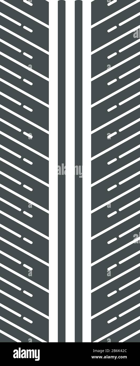 Icona glifo nero del battistrada degli pneumatici. Marchi dettagliati di pneumatici per automobili e motociclette. Traccia direzionale delle ruote per auto con scanalature sottili. Percorso pneumatici. Simbolo di silhouette Illustrazione Vettoriale
