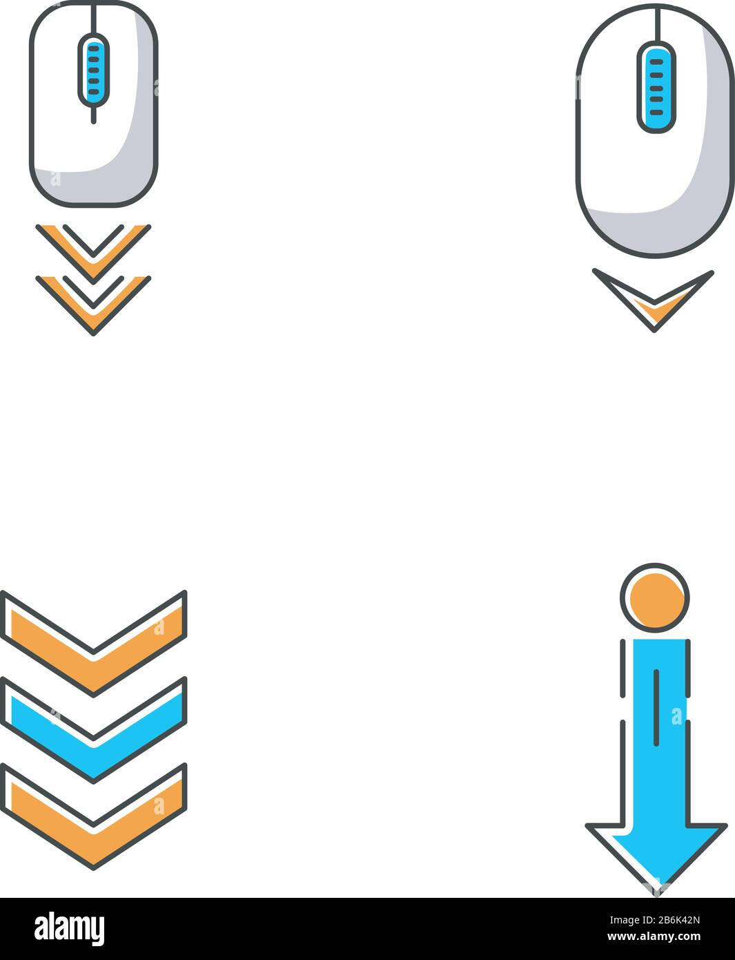 Indicatori di scorrimento icone colori RGB impostate. Mouse per computer e frecce. Scorri verso il basso. Spostamento delle frecce pulsanti di navigazione. Pagina del sito Web Illustrazione Vettoriale