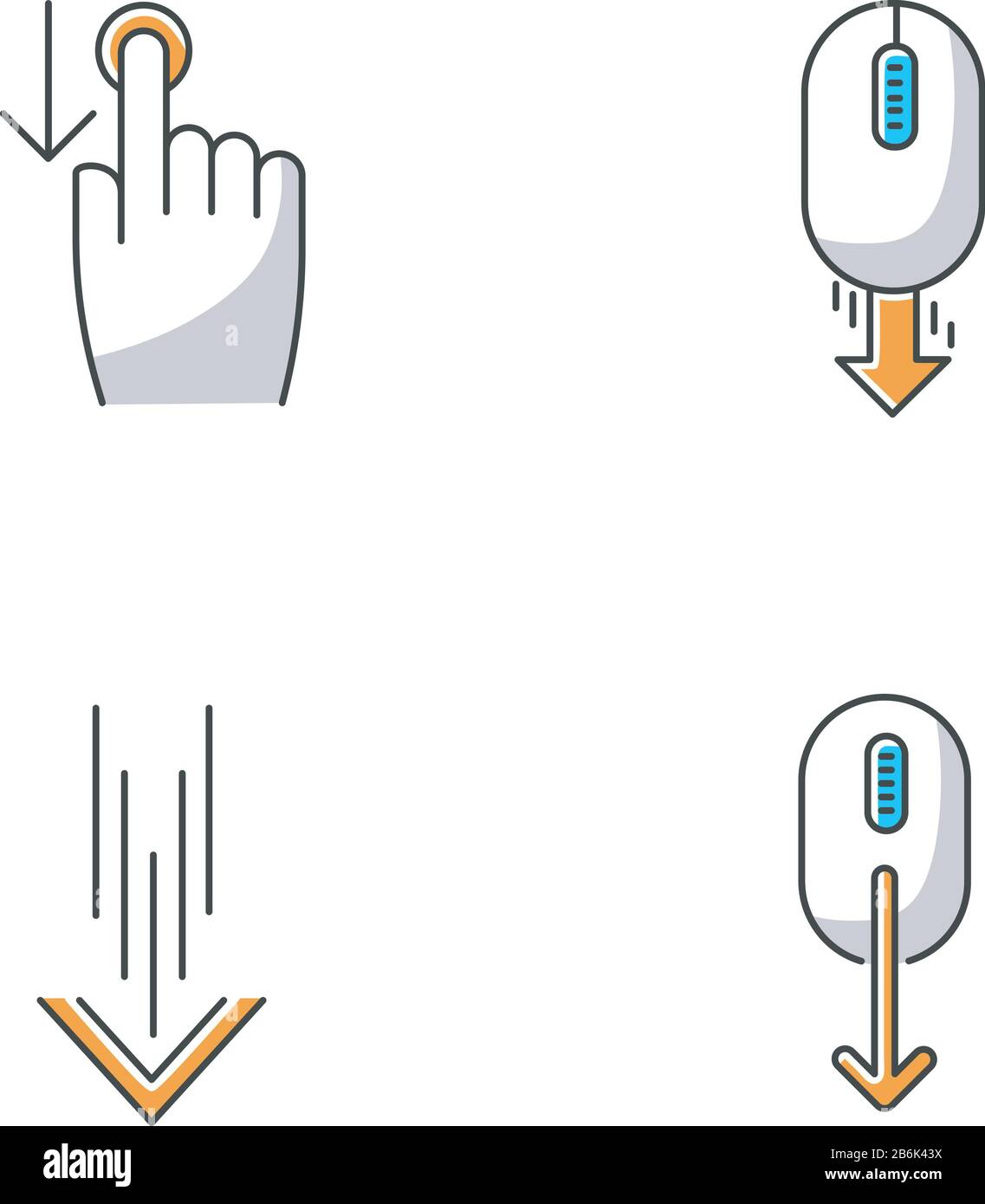 Set di icone a colori RGB a scorrimento bianco e arancione. Indicatori di scorrimento verso il basso per il touchscreen dello smartphone. Frecce pulsanti di navigazione dell'interfaccia dell'app mobile Illustrazione Vettoriale