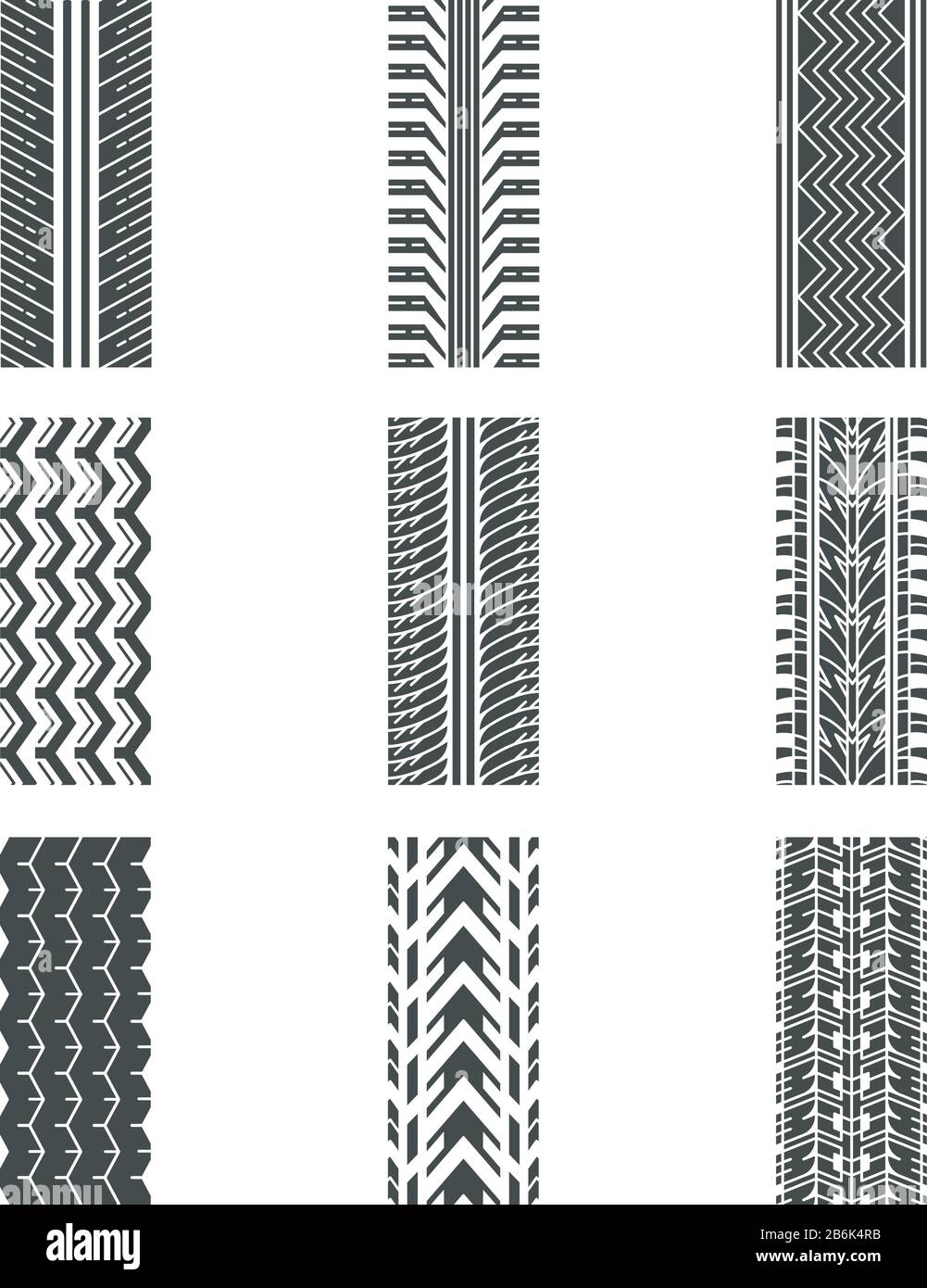 Tracce tracce icone glifo nero impostate sullo spazio bianco. Marchi dettagliati di automobili, motociclette e pneumatici per biciclette. Auto estate e inverno ruota traccia. Percorso pneumatici Illustrazione Vettoriale