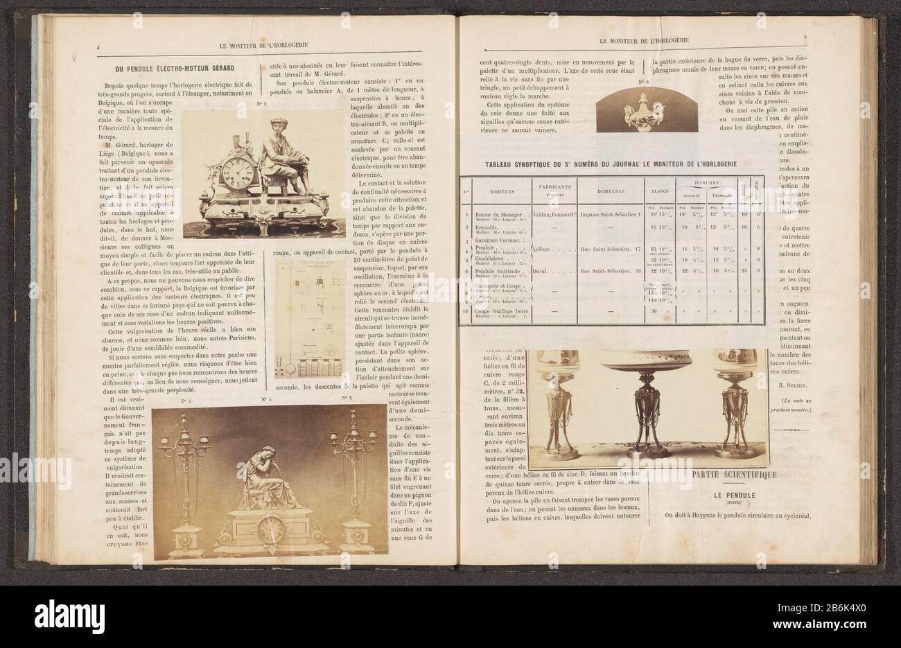 Tre immagini di orologi superiore: Orologio decorato con un uomo seduto da Messieurs Valdun medio: Spiegare il funzionamento di un pendolo elettrico, tra cui: Orologio decorato con una donna seduta fiancheggiata da due candelieri M. Lefèvre. Produttore : fotografo: Anonymous date: CA. 1857 - o per 1867 Materiale: Carta Tecnica: Albume dimensioni di stampa: Pagina: H 336 mm × W 225 mmToelichtingFoto a pagina 4 del n. 5 dal 1867. Oggetto: Pendolo a candela (teoria) Foto Stock