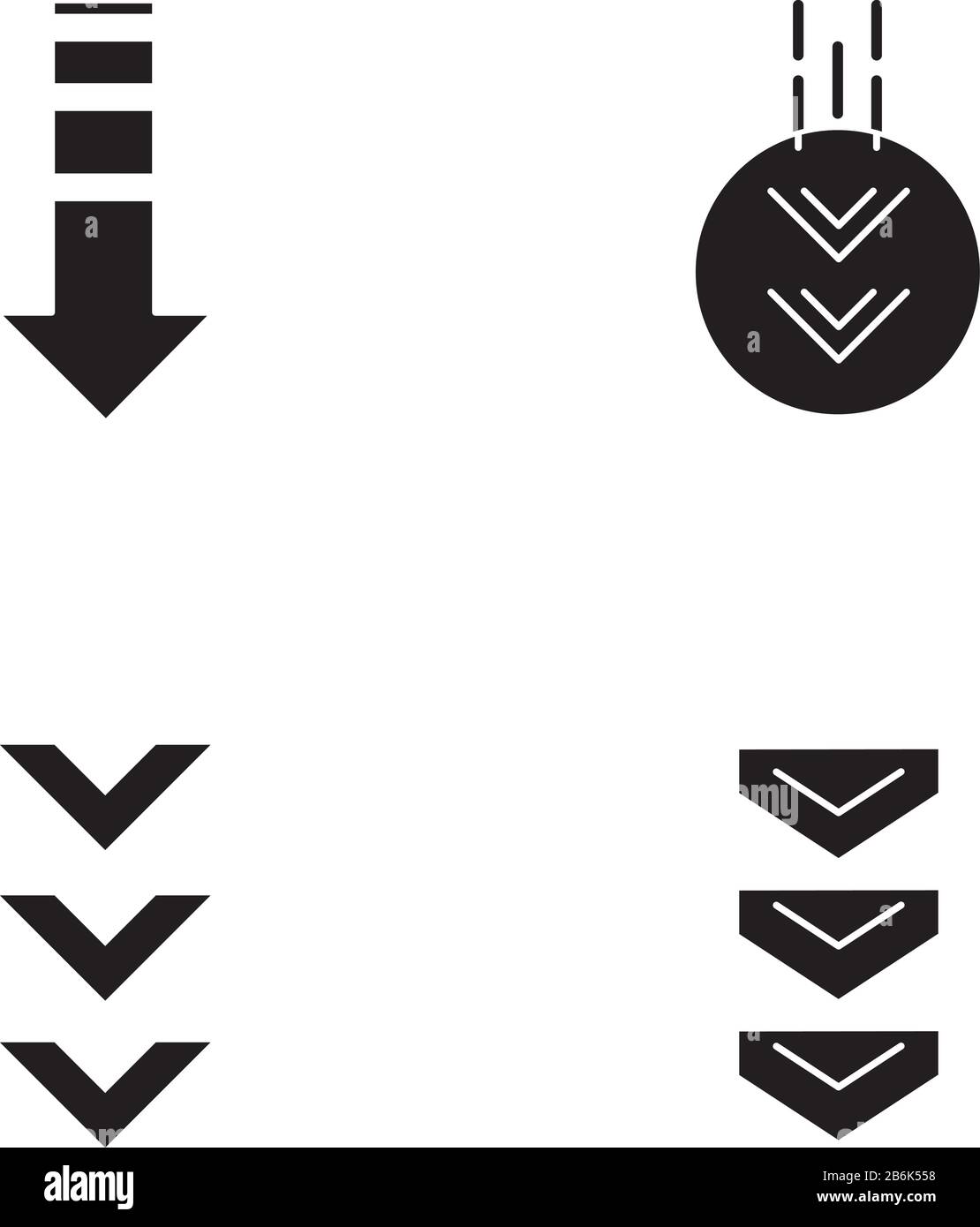 Frecce in basso icone glifi nere impostate sullo spazio bianco. Doppia freccia in cerchio. Pulsanti a scorrimento. Tasti di navigazione dell'interfaccia delle frecce. Silhouette Illustrazione Vettoriale