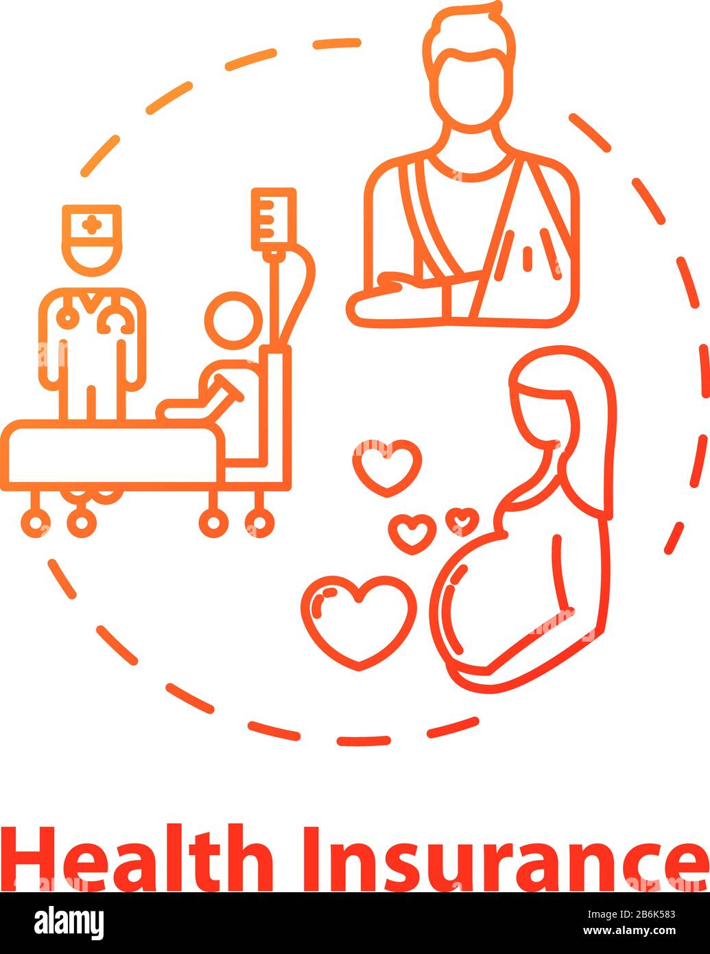 Icona del concetto di assicurazione sanitaria. Protezione della vita del paziente. Controllo delle donne in gravidanza. Lesioni da incidente. Illustrazione della linea sottile dell'idea di assicurazione medica Illustrazione Vettoriale