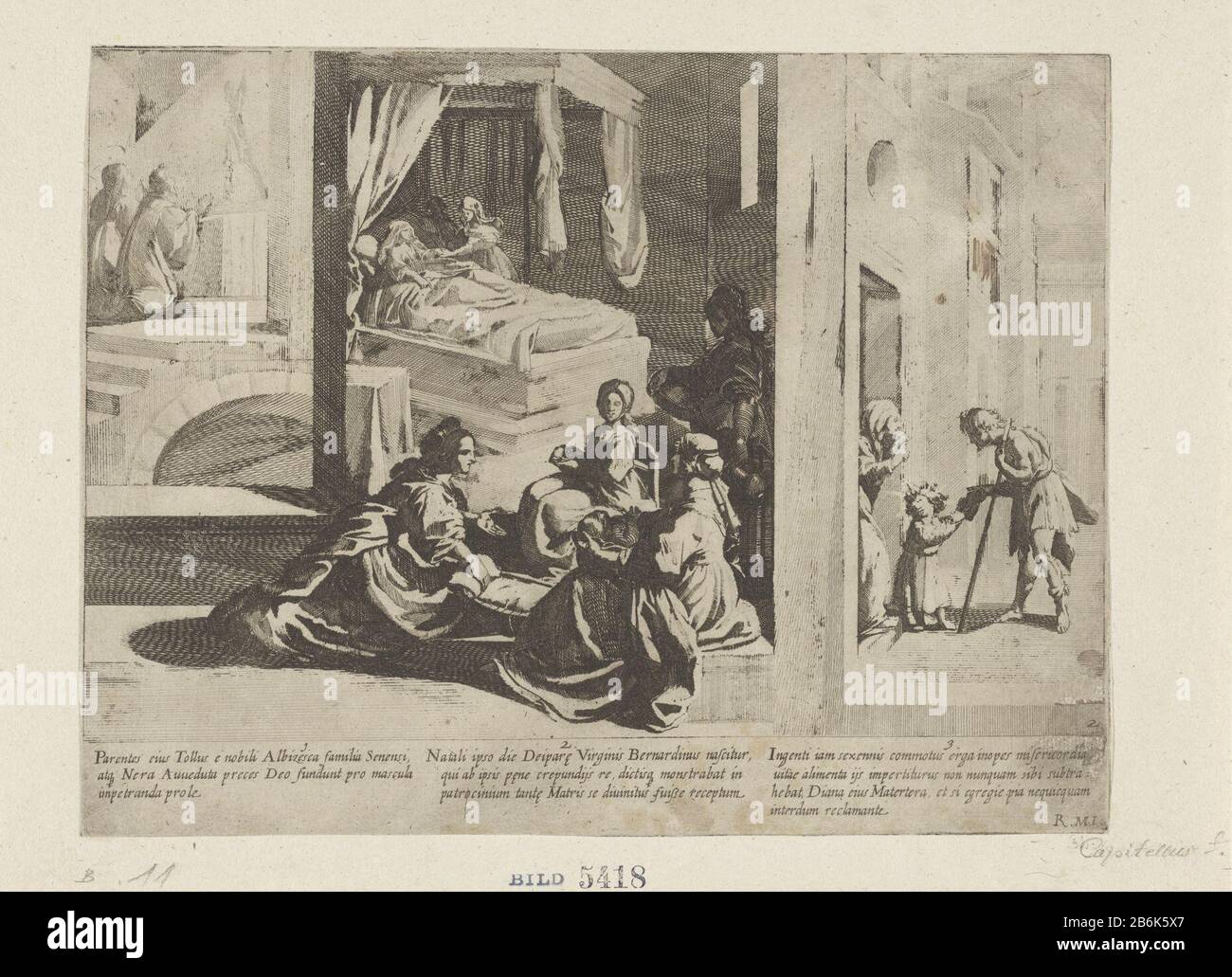 Tre episodi della vita di San Bernardino di Siena La vita di San Bernardino di Siena (titolo della serie) sullo sfondo a sinistra, i genitori di San Bernardino di Siena pregando per un figlio (episodio 1). Centrale una rappresentazione della nascita di Bernardine. La madre è in un letto a baldacchino, in primo piano un gruppo di ostetriche con il bambino (episodio 2). Destra San Bernardino come bambino che dà elemosina ad un mendicante (episodio 3). Testo in ondermarge. Produttore : stampatore: Bernardino Capitellinaar disegno: Rutilio di Lorenzo Manetti (proprietà in elenco) Prodotto Del Luogo: Italia Data: 1635 Fisico f Foto Stock