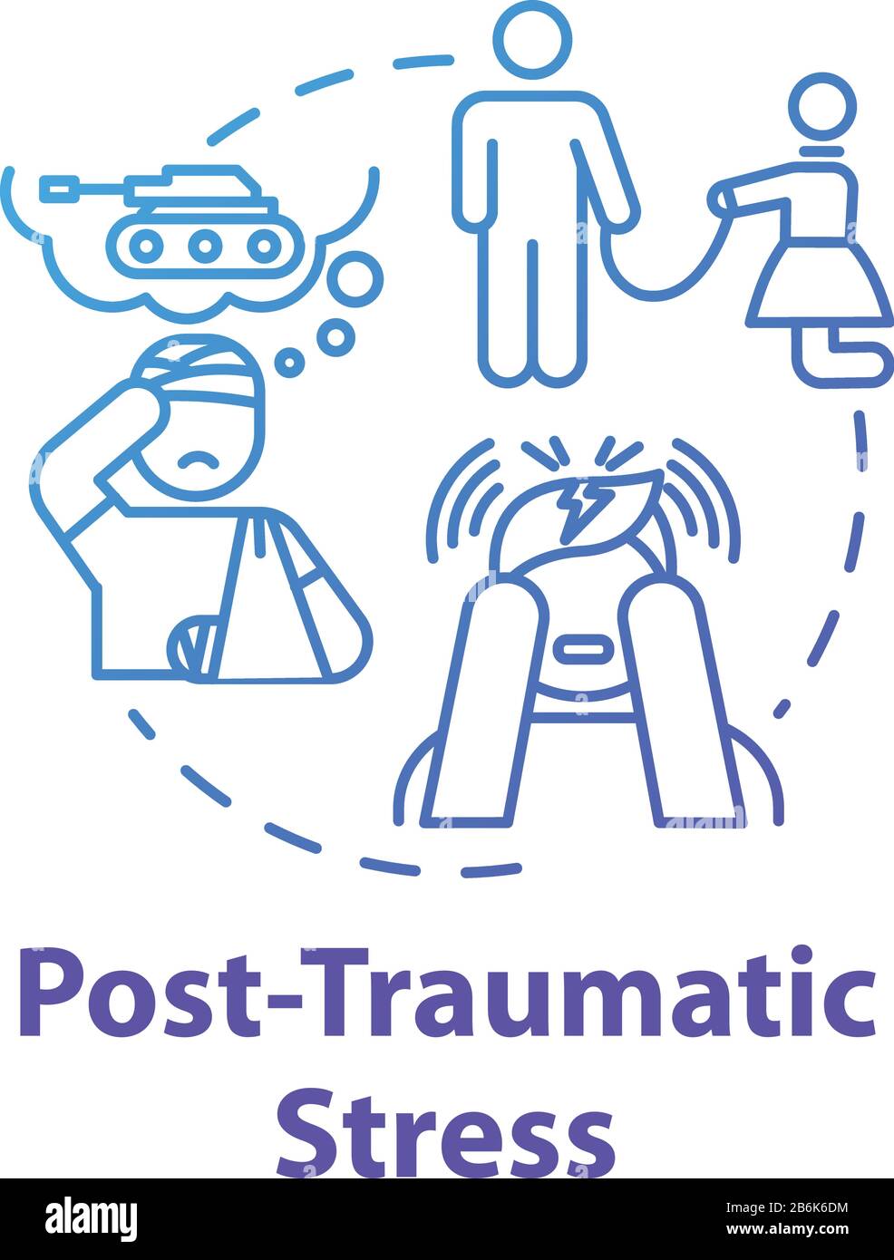 Icona del concetto di stress post traumatico. PTSD. Ricordi spaventosi. Malattia mentale. Psicologia, idea psichiatria sottile linea illustrazione. Vettore isolato Illustrazione Vettoriale