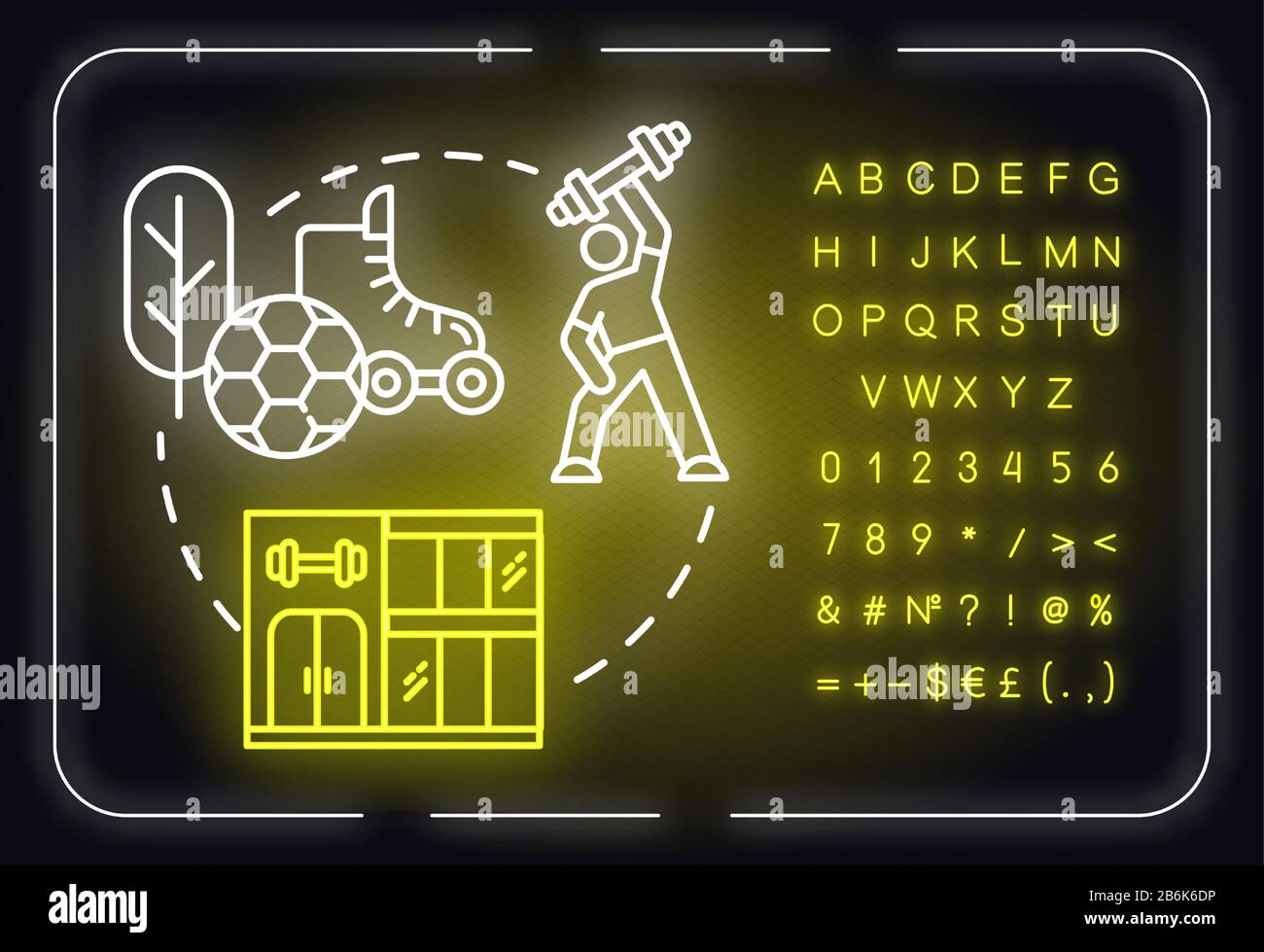 Obiettivi fisici neon concetto di luce icona. Montare il corpo. Allenamento sportivo. Idea di auto-sviluppo. Segno luminoso esterno con alfabeto, numeri e simboli. Vettore Illustrazione Vettoriale