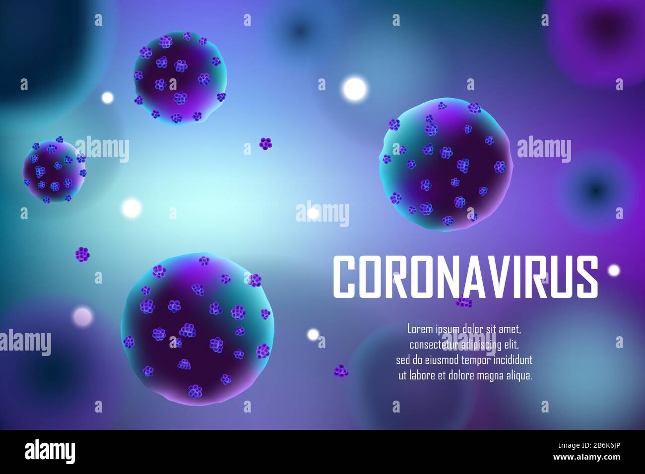 Background realistico di focolaio medico di coronavirus. Pandemic Coronavirus 2019-nCoV ad concept design banner. Illustrazione del vettore della molecola di cellula virale. Illustrazione Vettoriale