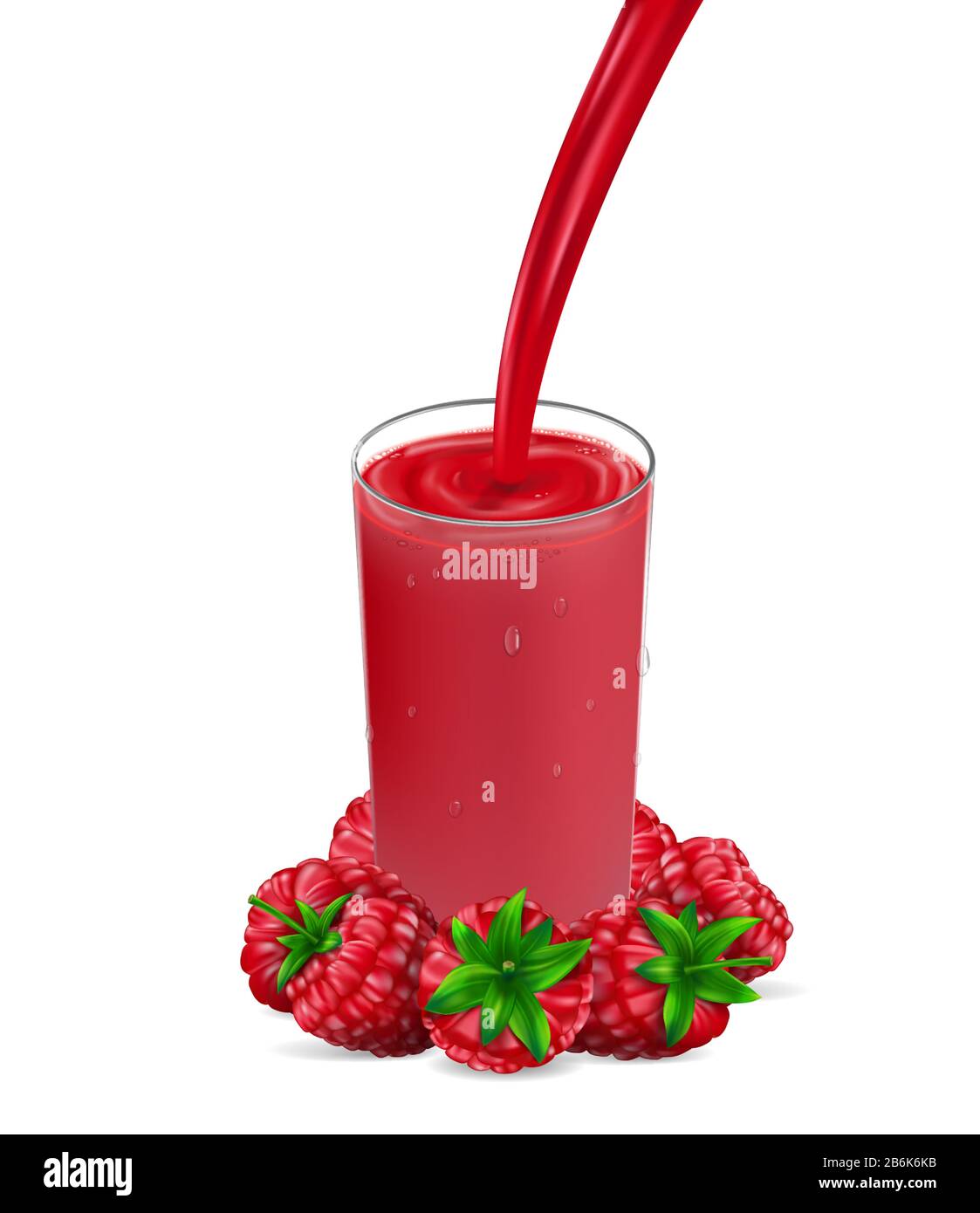 Succo di lampone con schizzi isolati su vetro bianco con Succo di lampone rosso. Immagine realistica 3D del vettore di bacche per il vostro disegno Illustrazione Vettoriale