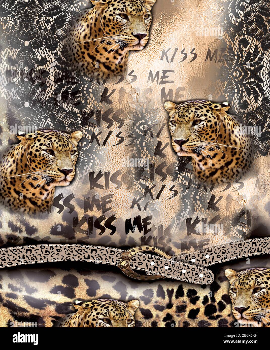 Stampa leopardo per la moda. Texture animale con sfondo nero pizzo. Kiss me slogan. Accessorio cinghia trainata a mano. - illustrazione Foto Stock