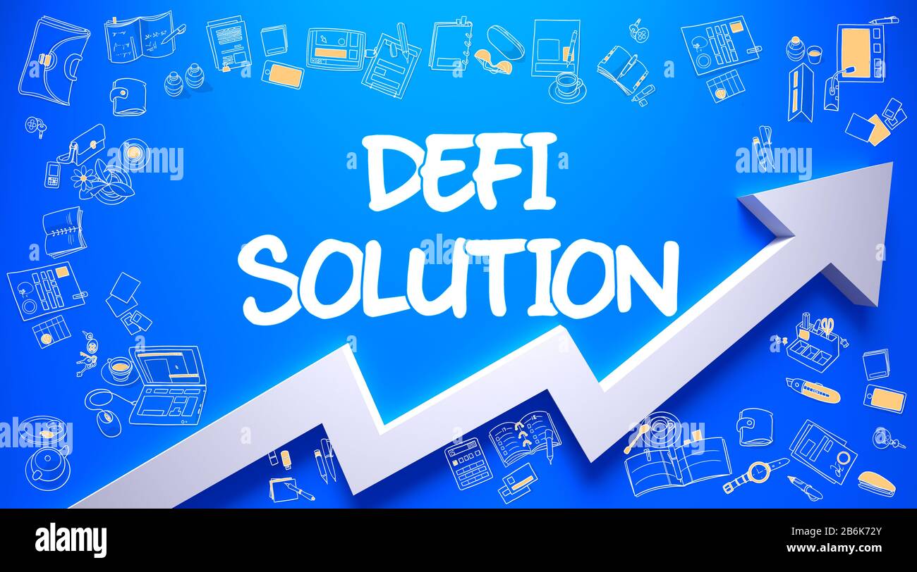 Soluzione Defi - Aumenta Il Concetto. Iscrizione sulla Superficie blu con icone Doodle Intorno. Descrizione Della Soluzione Di Defi Illustation On Line Style. Con La Freccia Della Freccia E Le Icone Doodle Intorno. Foto Stock