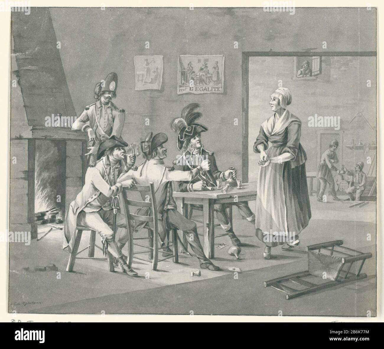 Tre soldati francesi hanno afflittato ridere una cameriera se chiede il pagamento per la bevanda, 1795 In una casa borghese tre soldati francesi siedono un tavolo per fumare e bere. Un quarto è il camino con fuoco aperto. La cameriera per il tavolo e fare il gesto 'pagare'. I soldati la ridono. Sulla parete della stanza un disegno con la stessa rappresentazione, con la didascalia 1796 L 'EGALITE. Sullo sfondo una cantina. Vita civile durante l'arrivo dei francesi nel 1795-1796. Vedere anche il telecomando. Produttore : artista Johan Daniel Gijselaar (personalmente firmato) Luogo di produzione: Northern Netherlands Dat Foto Stock