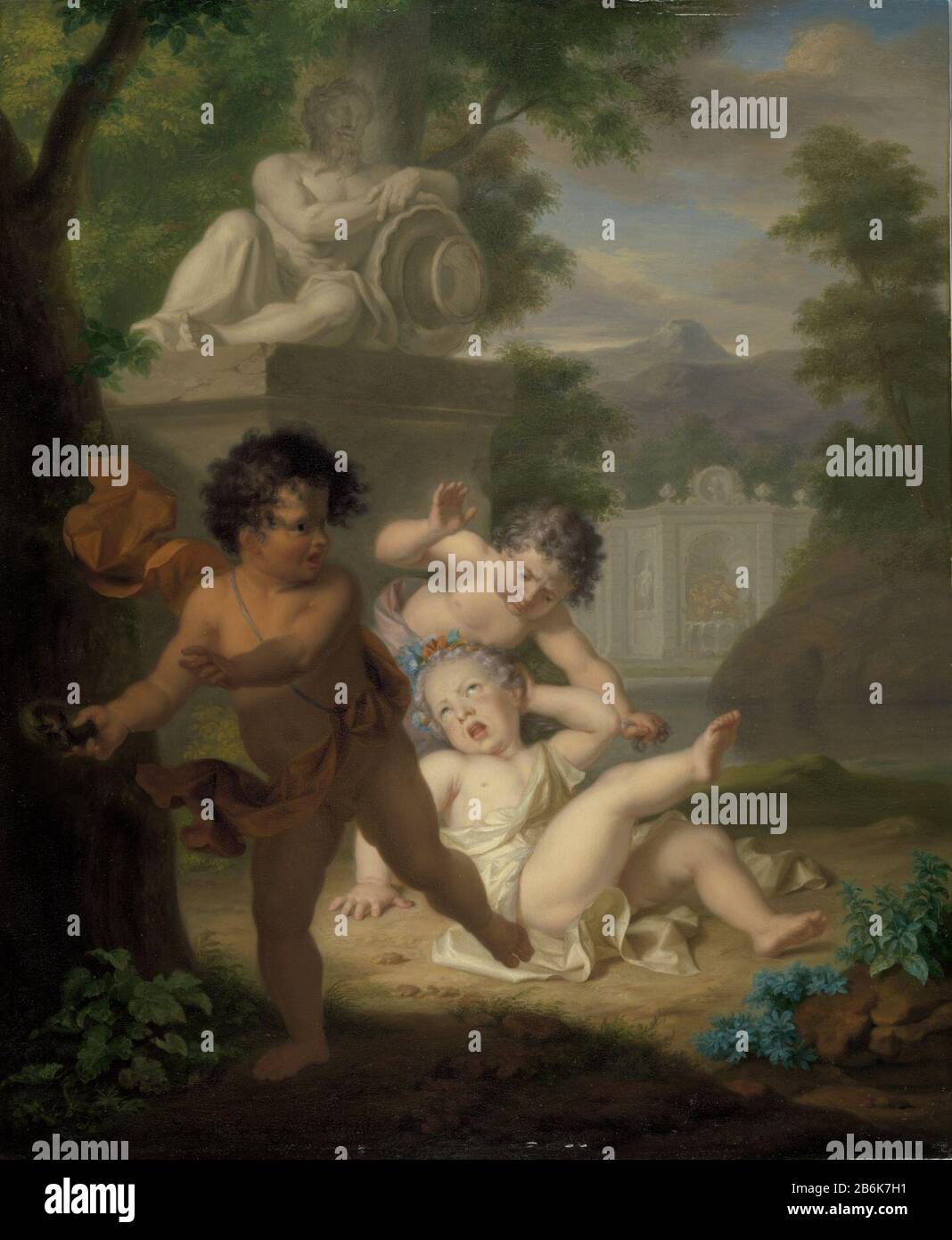 Tre bambini che litigano per un nido d'uccello tipo oggetto: Pittura numero articolo: SK-A-5036 Iscrizioni / marchi: Firma e data Descrizione: In un paesaggio sullo sfondo una fontana e sulla pianta centrale un piedistallo con una foto di un fiume che discute tre bambini per un nido d'uccello. La ragazza sul pendente mostra il nido d'uccello sul suo ragazzo sdraiato a terra e il suo ex compagno di gioco tirando i capelli e sta per colpire la ragazza. La controparte al ragazzo onlooking corre fuori con il nido dell'uccello. Guardando indietro, è uno degli uccelli del nestje. Produttore : pittore: Isaac W. Foto Stock