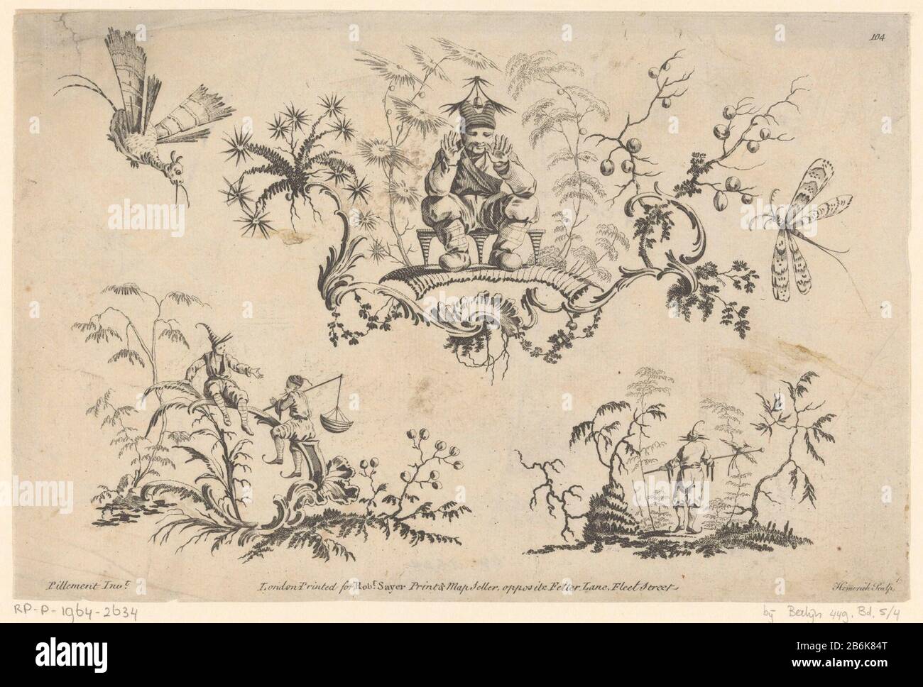 Tre paesaggi con figure Ladies Amusement O, L'intera Arte di Giardinaggio Reso Facile Giappone (titolo della serie) Medio al di sopra di un paesaggio con un uomo seduto, tiene le mani in su. Sotto sinistra un paesaggio con due uomini seduti, l'uomo destro che porta un cesto sulle sue spalle. Proprio sotto un paesaggio con un uomo che corre visto da dietro, tiene un bastone con un uccello in orizzontale. A sinistra e a destra sopra un drago e una libellula. Destra sopra 104 genummerd. Produttore : stampatore Cornelius Heinrich Hemerich (proprietà elencata) progettato da Jean Baptiste Pillement (edificio elencato) Editore: Robert Mayer (l Foto Stock