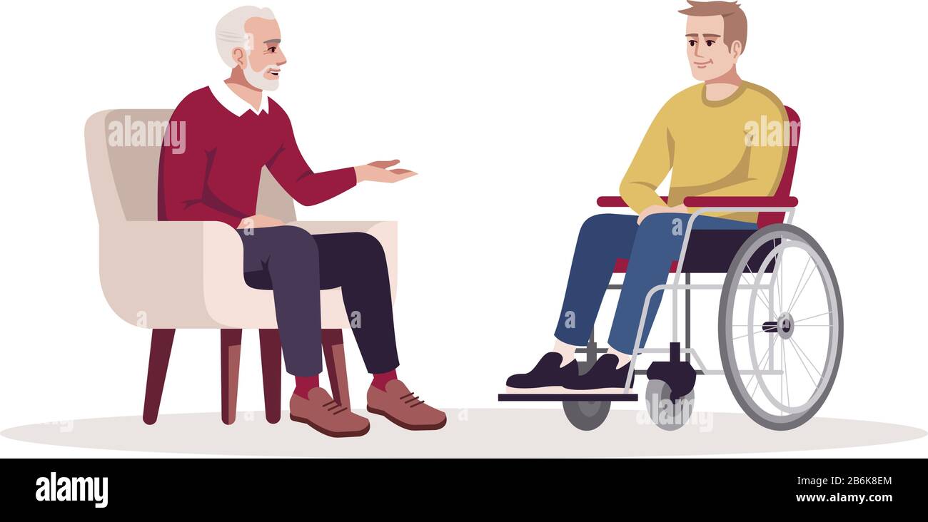 Sessione privata di psicoterapia immagine vettoriale a colori RGB semi-piatta. Disturbo da stress post-traumatico. Riabilitazione, periodo di recupero. Parla terapia Illustrazione Vettoriale