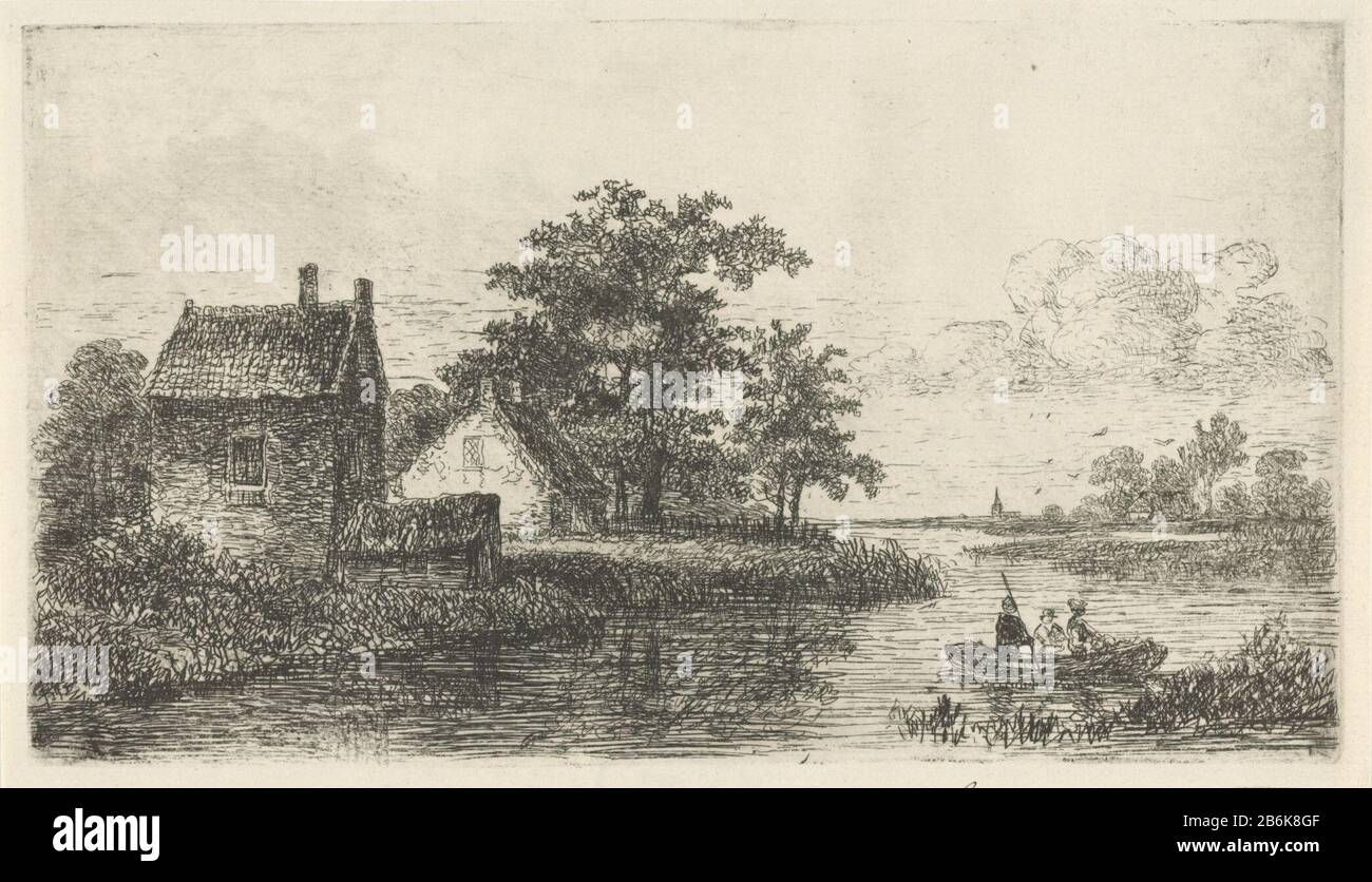 Tre uomini in una barca vista fiume con tre uomini una barca sul lungomare due case. Sullo sfondo il profilo di un kerk. Produttore : stampatore Hermanus Jan Hendrik van Huys Bountiful Luogo di fabbricazione: Utrecht Data: 1823 - 1883 caratteristiche Fisiche: Incisione e punto di essiccazione con tono della piastra; materiale di prova: Tecnica della carta: Incisione / ago secco / misure del tono della piastra: Bordo della piastra: H 88 mm × W 155 mm Oggetto: Canottaggio-barca, canoa, etc.church (esterno) River Farm o casa solitaria in paesaggio Foto Stock
