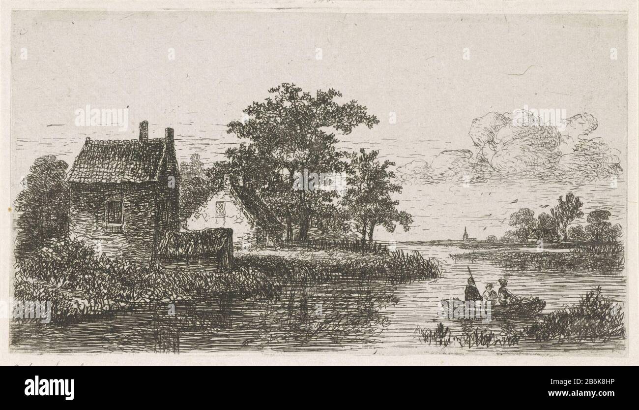 Tre uomini in una barca vista fiume con tre uomini una barca sul lungomare due case. Sullo sfondo il profilo di un kerk. Produttore : stampatore Hermanus Jan Hendrik van Bountiful Huys Luogo fabbricazione: Utrecht Data: 1823 - 1883 caratteristiche Fisiche: Incisione, punto di drypoint su chine collé Materiale: Chine collé di carta Tecnica: Incisione / drypoint dimensioni: Bordo della piastra: H 88 mm b × 155 mm Oggetto: canottaggio-barca, canoa, etc.church (esterno) fiume fattoria o casa solitaria in paesaggio Foto Stock