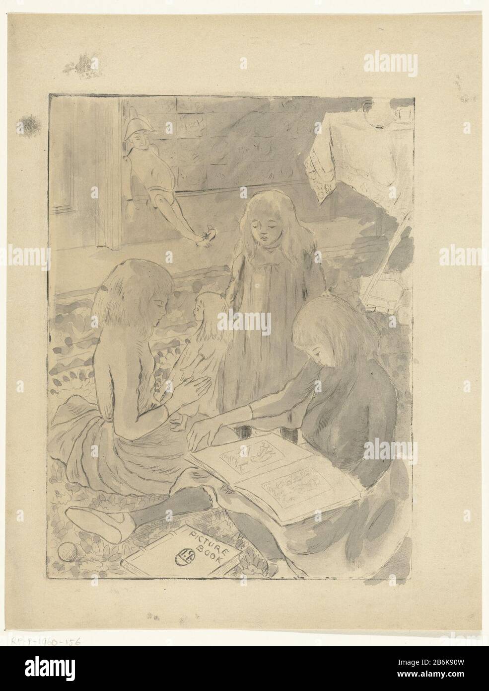 Tre ragazze che giocano Tre ragazze che siedono sul pavimento che giocano con una bambola e libri dell'immagine. Produttore : stampatore: Lucien Pissarro (indicato sull'oggetto) Data: 1873 - 1944 caratteristiche Fisiche: Punto di asciugatura, colori dell'acqua in grigio materiale: Tecnica della carta: Incisione / misura del colore della mano: Bordo della lastra: H 199 mm × W 151 mm Oggetto: (Giocando con) bambola lettura di un libro dell'immagine Foto Stock