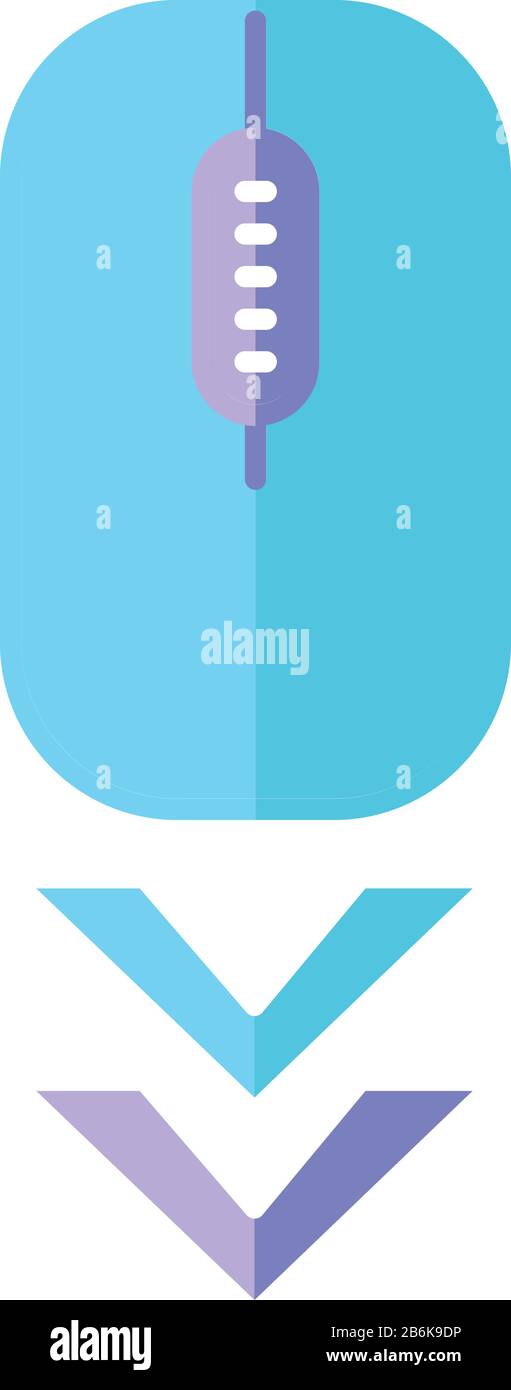 Mouse a scorrimento disegno piatto cartone animato colore RGB icona. Gesto di navigazione della pagina Internet, indicatore freccia giù. Mouse e freccia del PC. Computer moderno Illustrazione Vettoriale