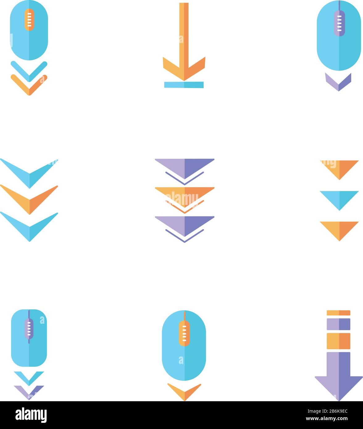 Pulsanti di scorrimento disegno piatto Cartoon colore RGB set icone. Indicatori di navigazione e download delle pagine Internet. Mouse del computer e frecce verso il basso. Web Illustrazione Vettoriale