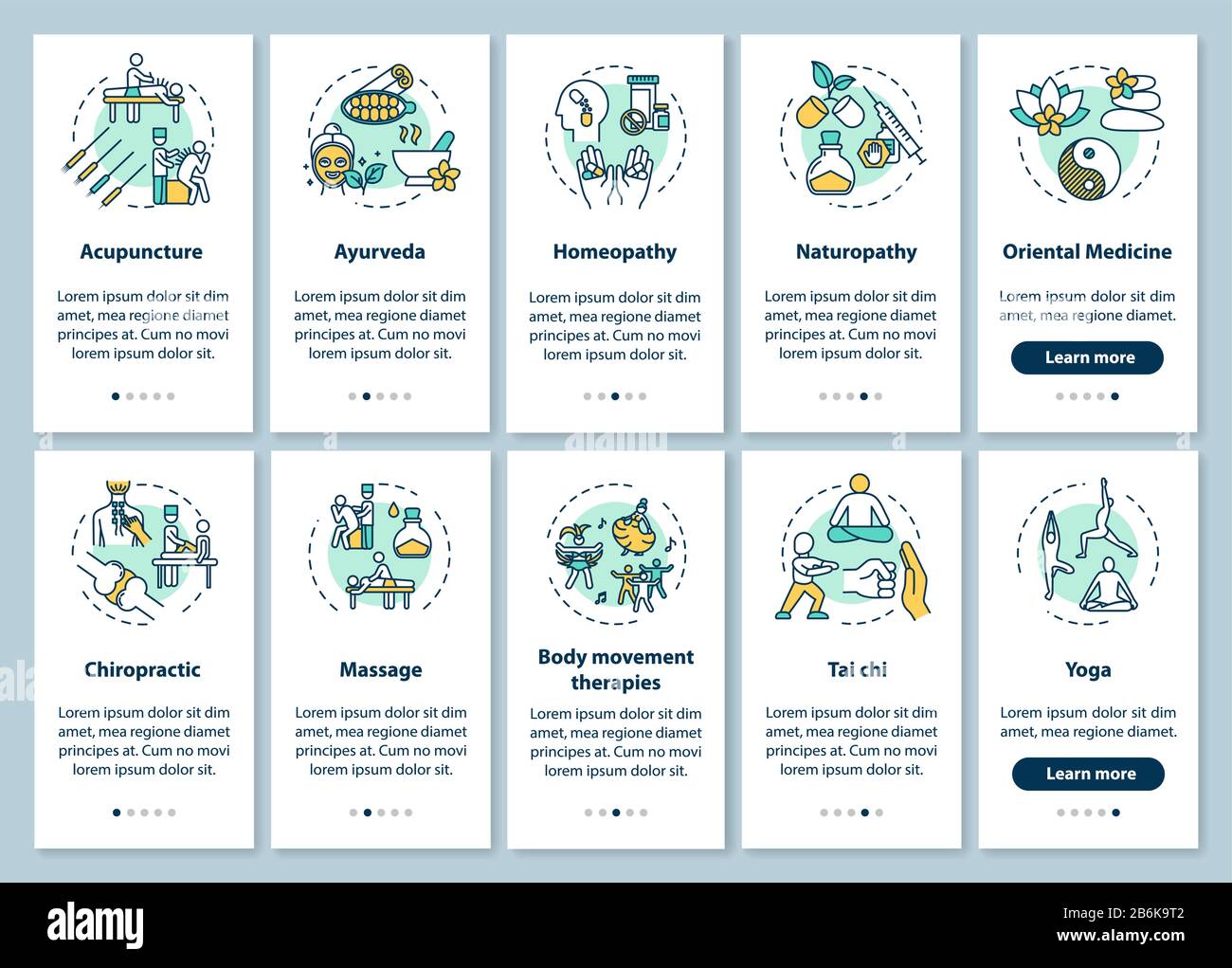 Terapie complementari onboarding mobile pagina di app con concetti set. Altri tipi di medicina seguono cinque istruzioni grafiche Illustrazione Vettoriale