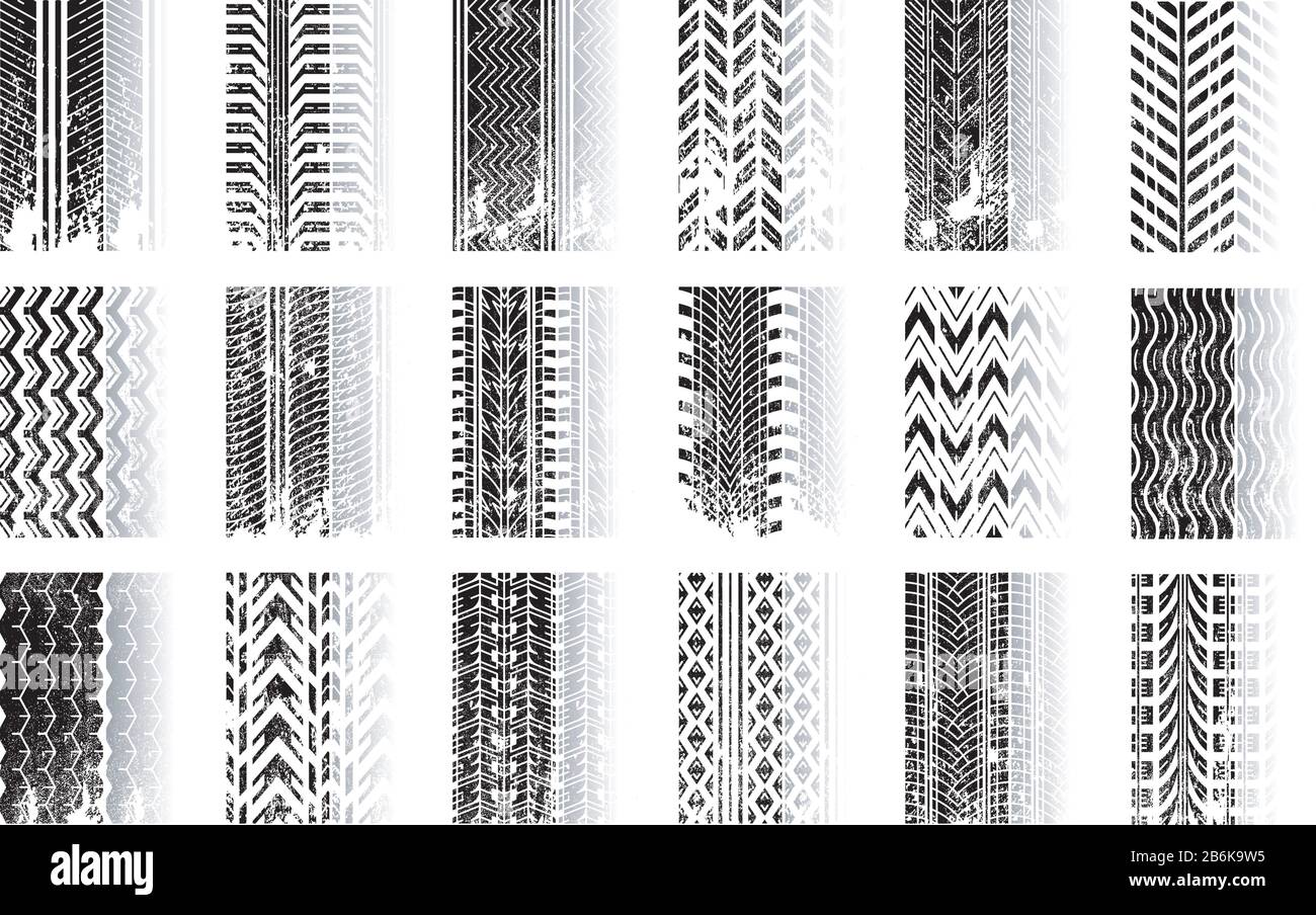 Set di icone glyph nere ombreggiatura pedata traccia. Marchi dettagliati di pneumatici per automobili e motociclette. Auto estate e inverno ruota traccia. Pista per pneumatici in grunge Illustrazione Vettoriale