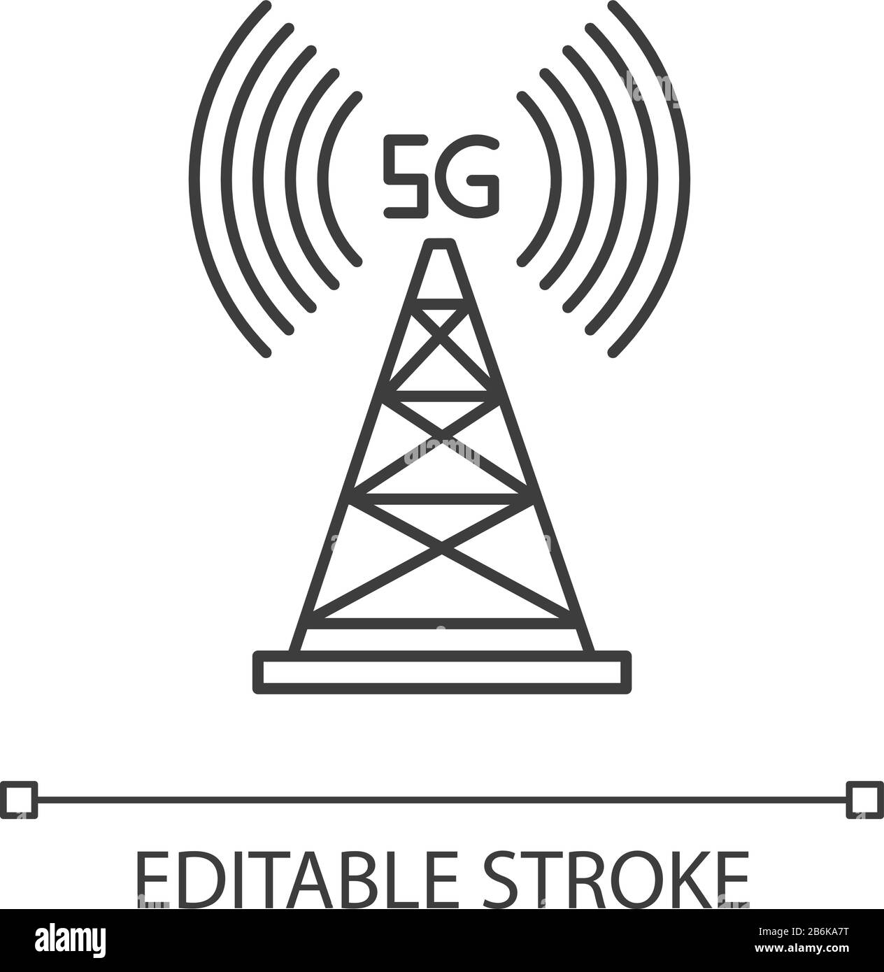 Icona lineare perfetta pixel tower a cella 5G. Tecnologia wireless. Connessione veloce. Telecomunicazioni. Illustrazione personalizzabile a linee sottili. Simbolo del contorno Illustrazione Vettoriale