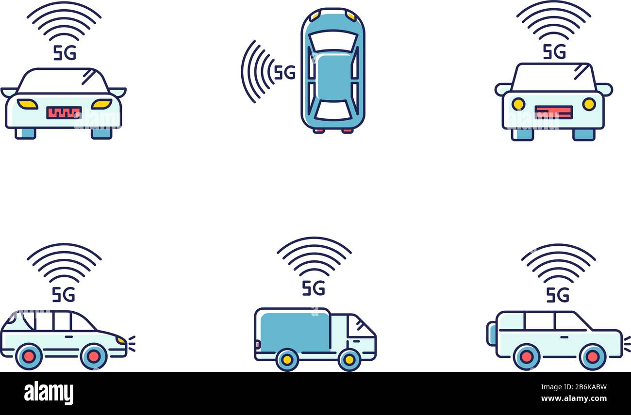 Set di icone a colori RGB per auto intelligenti 5G. Veicoli con connessione Internet. Guida autonoma. Auto a guida autonoma e intelligente. Tecnologia wireless Illustrazione Vettoriale