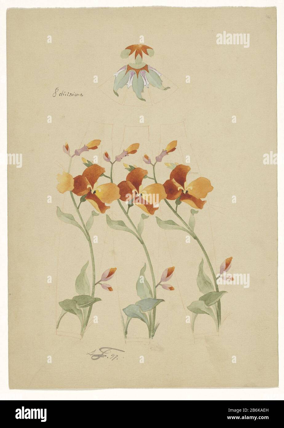 Tre segmenti di vaso con papaveri dipinti con foglie e coperchio dipinto Tre fette di papaveri vaso dipinto e uno con foglie coperchio verniciato tipo oggetto: Disegno numero articolo: RP-T-2016-19-1 Iscrizioni / marchi: Iscrizione, recto top left, pennello in grigio 'otto divisioni' firma e data, recto bottom left: 'AF.97' Produttore : artista: Anatole-Alexis Fournier (personalmente firmato) Luogo di produzione: Sèvres datazione: 1897 caratteristiche Fisiche: Penna in inchiostro rosso, acquerello, intensificato con bianco: Carta acquerello inchiostro tecnologia: Penna / incremento watercolor dimensioni: h 274 mm Foto Stock