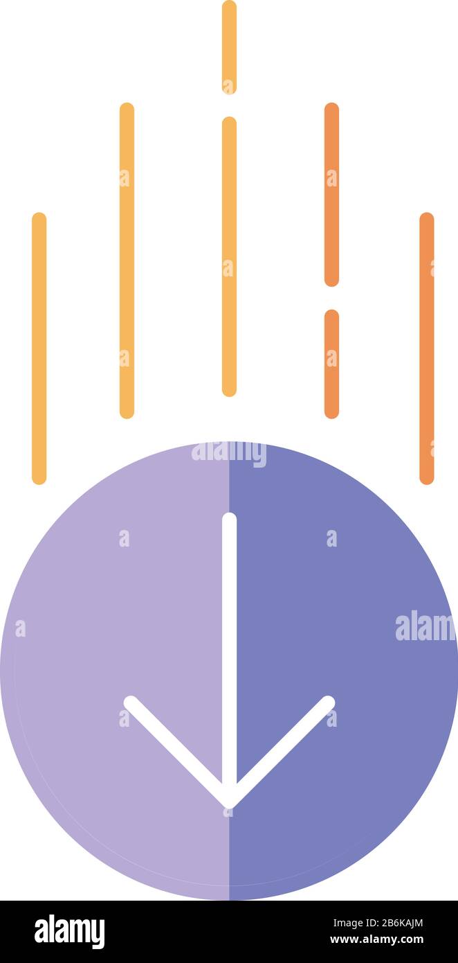 Freccia giù in cerchio piatto disegno Cartoon colore RGB icona. Direzione di navigazione della pagina. Puntatore al sito Web. Cursore Web. Pulsante direzionale dell'interfaccia Scrolldown Illustrazione Vettoriale