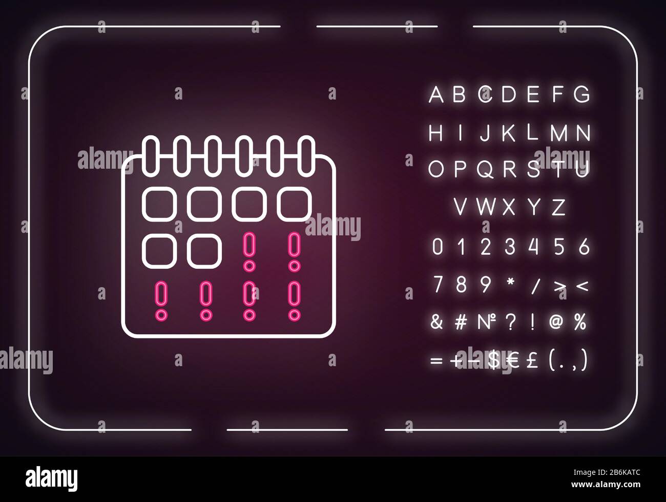 Icona della luce al neon di periodo persa. Sintomo iniziale della gravidanza. Calendario mestruale per ovulazione. Effetto incandescente esterno. Firma con alfabeto, numeri e. Illustrazione Vettoriale