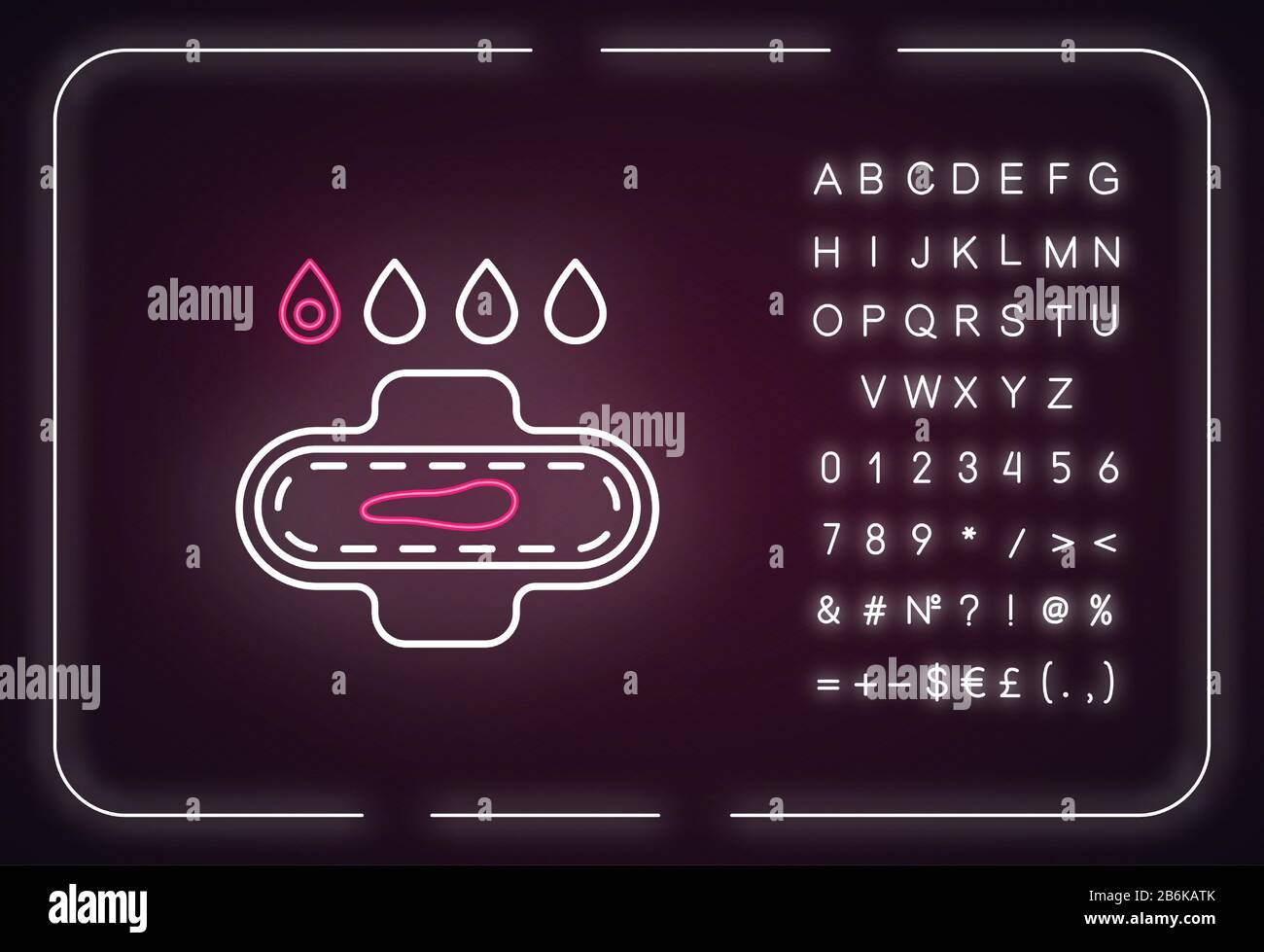 Leggera icona di luce al neon sanguinante. Sintomo iniziale della gravidanza. Ciclo mestruale. Igiene, igiene. Effetto incandescente esterno. Firma con alfabeto, numeri e. Illustrazione Vettoriale