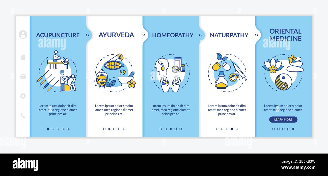 Modello di vettore di onboarding di medicina alternativa. Sito Web mobile reattivo con icone. Agopuntura, ayurveda, omeopatia e pagina web naturopatia Illustrazione Vettoriale