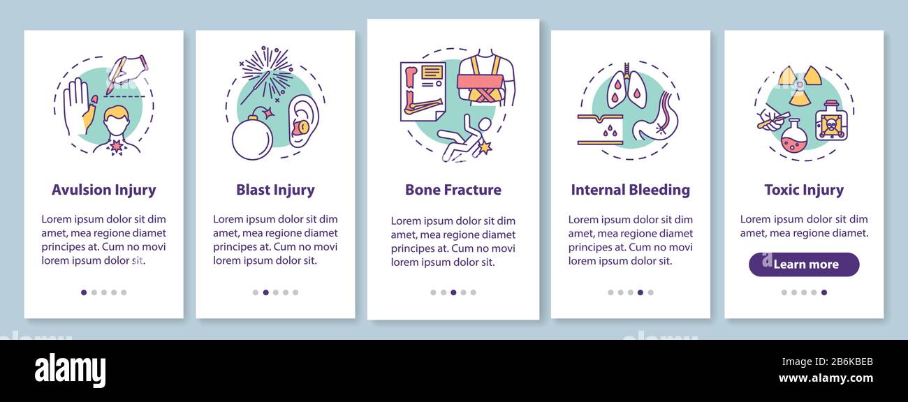 Tipi di lesioni onboarding pagina app mobile con concetti. Avulsione e esplosione, frattura e intossicazione, istruzioni grafiche in 5 fasi Illustrazione Vettoriale