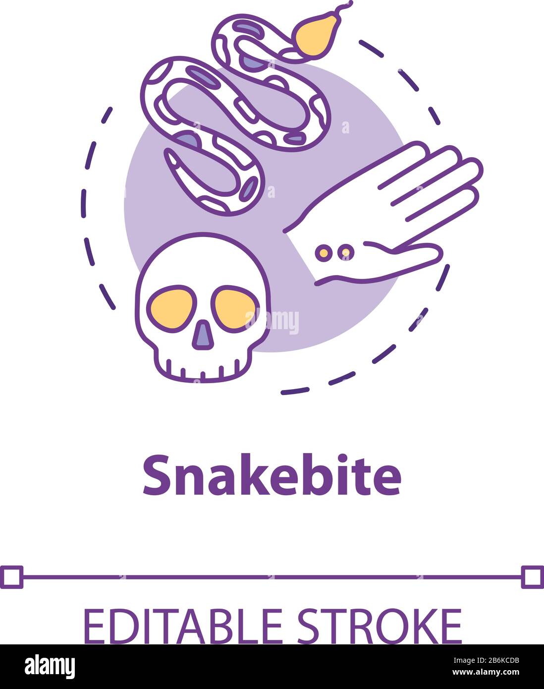Snakebite, lesione, icona del concetto di ferita bitten. Morso di rettile, veleno tossico, pericolo, idea di pericolo per la salute sottile linea illustrazione. Contorno isolato del vettore Illustrazione Vettoriale