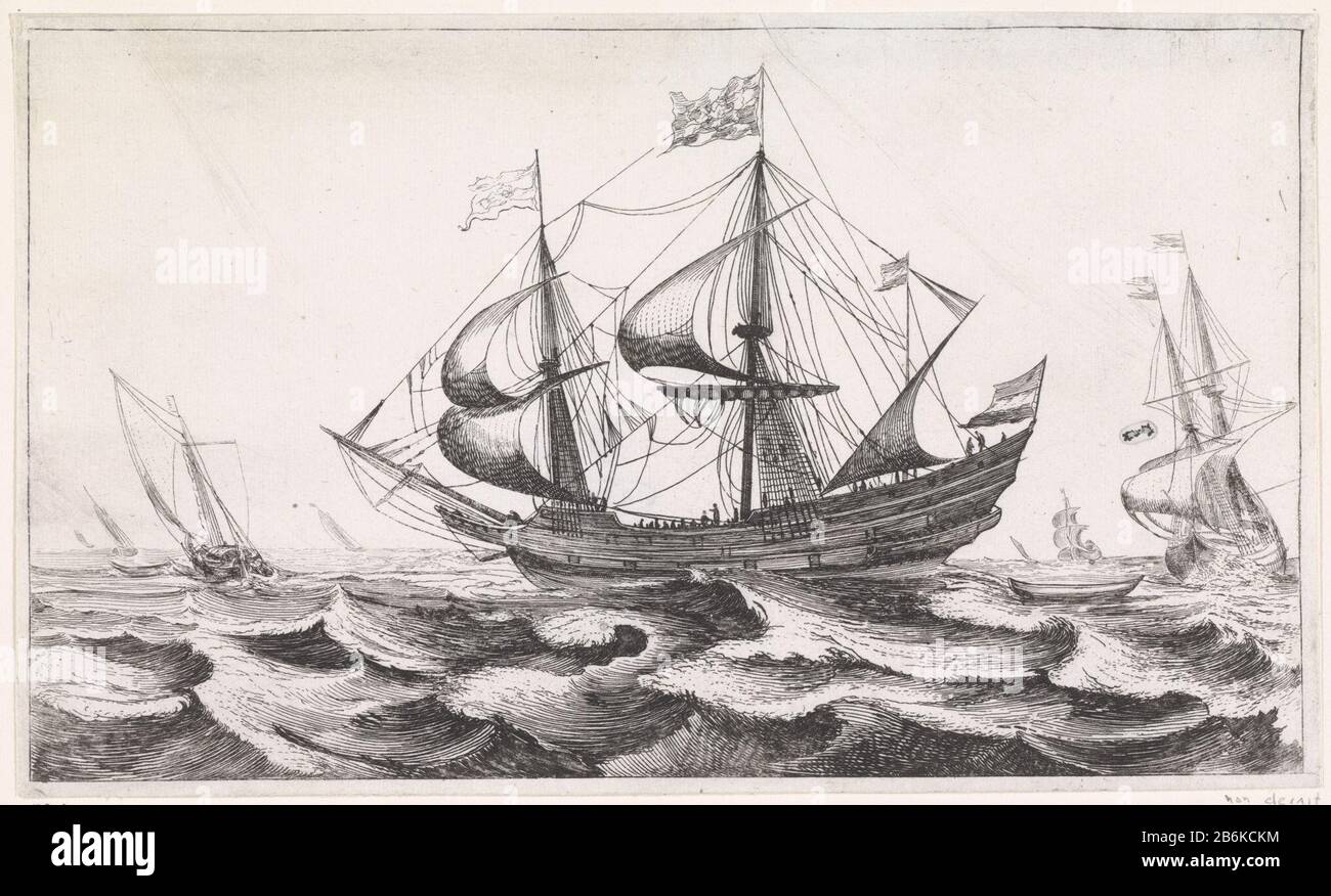 Tre-master in mare vela sinistra Marine Marine (titolo della serie) Driemaster navigazione a vela sinistra; intorno alla nave a poche navi. Stampa una serie di otto marine. Produttore : stampatore Jan van de Velde (II) a disegno: Cornelis Claesz. Di cui: Anelli (possibilmente) Luogo fabbricazione: Paesi Bassi del Nord Data: 1603 - 1641 caratteristiche Fisiche: Materiale di incisione: Tecnica della carta: Incisione dimensioni: Foglio: H 127 mm × W 211 mmToelichtingNiet descritto in Franks e Van der Kellen. Oggetto: Vela-nave, vela-mare (mare) Foto Stock