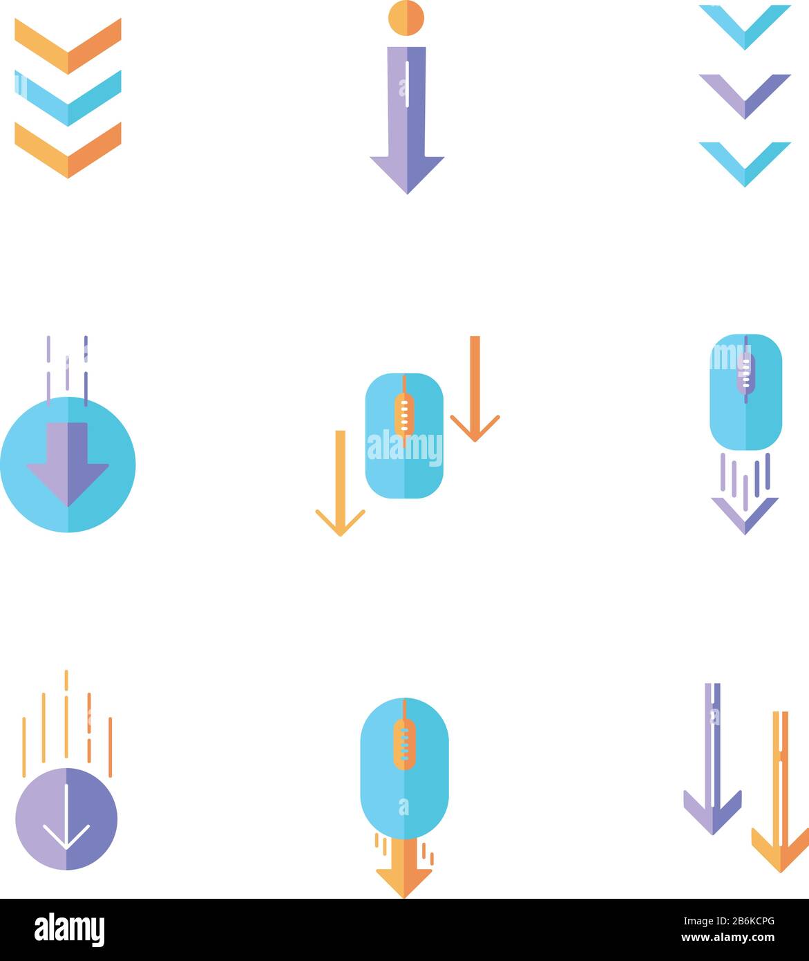Frecce a scorrimento in basso disegno piatto Cartoon colore RGB icone impostato. Mouse per computer e frecce nei pulsanti dei cerchi. Navigazione e download di pagine Internet Illustrazione Vettoriale