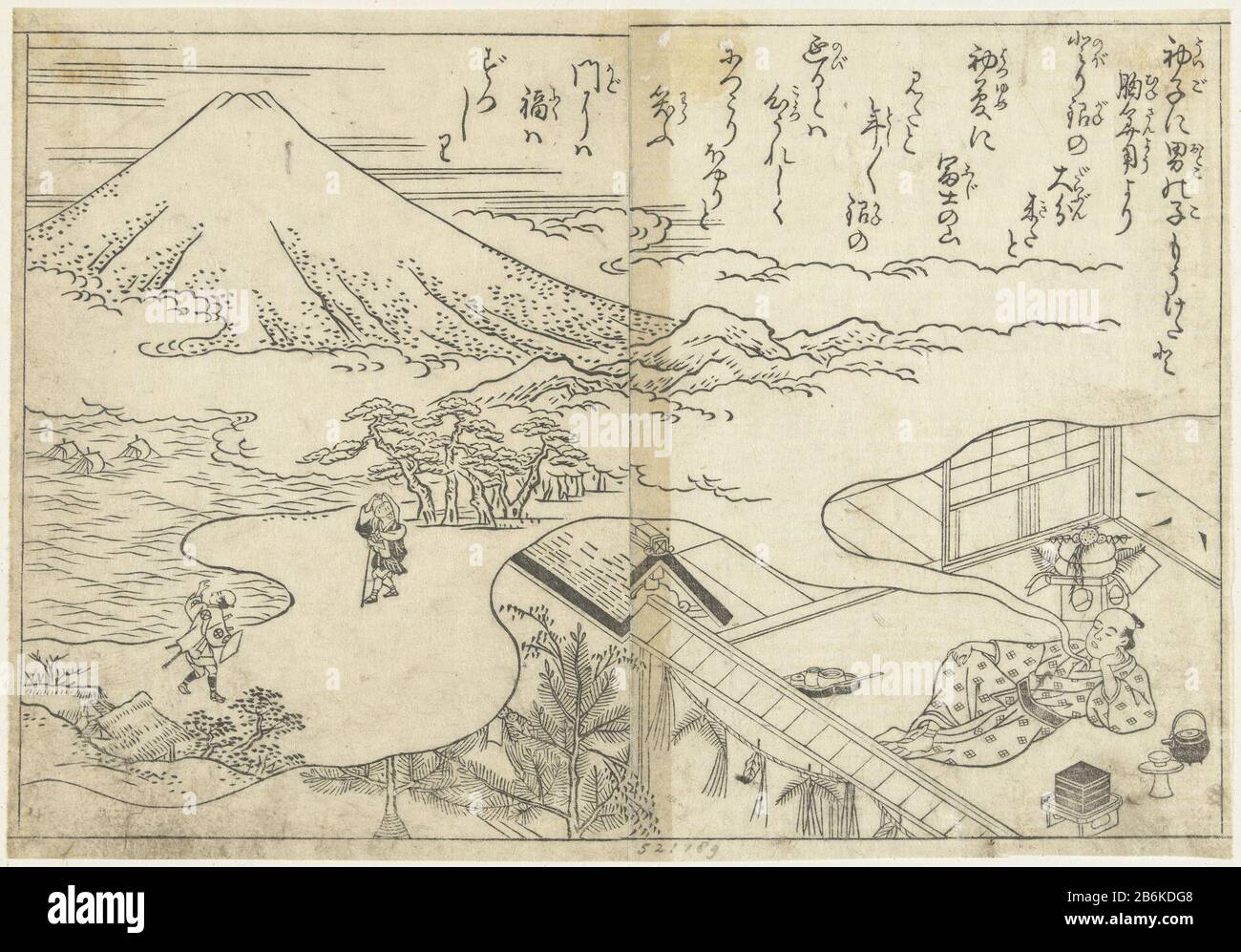Sognando l'uomo Fuji sdraiato in camera, sognando il suo viaggio verso il Monte Fuji. Due pagine, attaccate insieme da un boek giapponese. Produttore : stampatore: Nishikawa Sukenobu (attribuito a) Luogo di fabbricazione: Giappone Data: 1700 - 1750 caratteristiche Fisiche: Legno tagliato materiale: Carta Tecnica: Legno tagliato dimensioni: Immagine: H 179 mm × W 264 mmOnderwerp Foto Stock