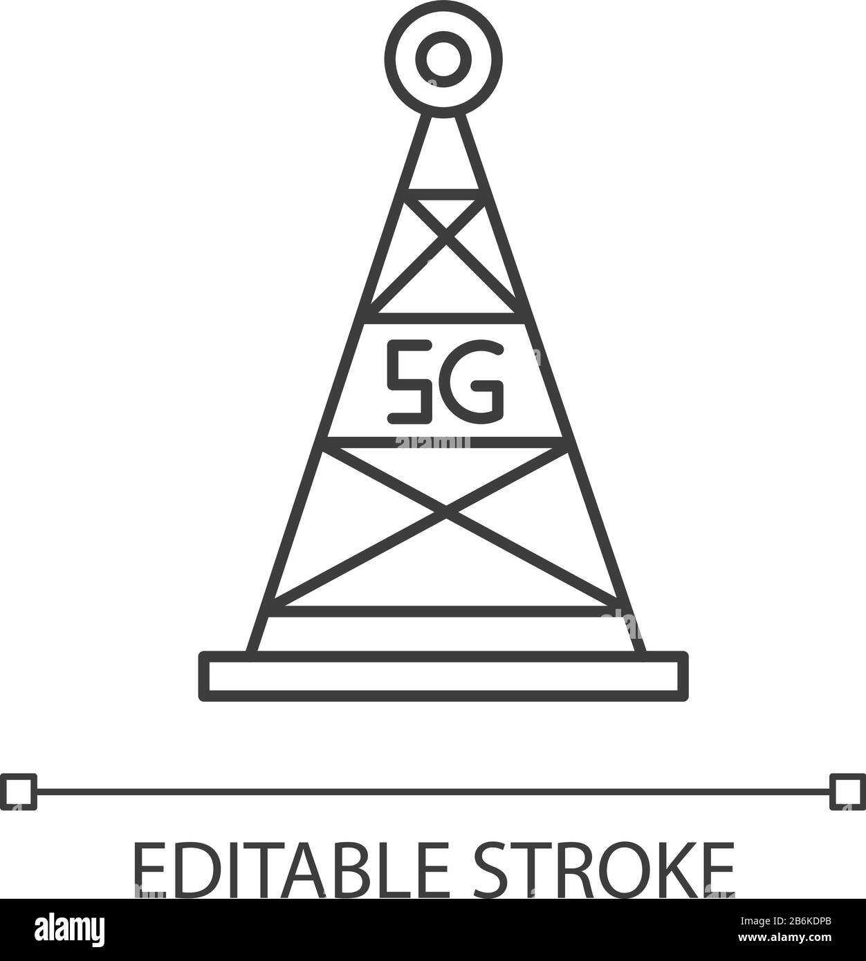 Icona lineare perfetta pixel tower a cella 5G. Segnale antenna. Tecnologia wireless. Connessione veloce. Illustrazione personalizzabile a linee sottili. Simbolo del contorno Illustrazione Vettoriale