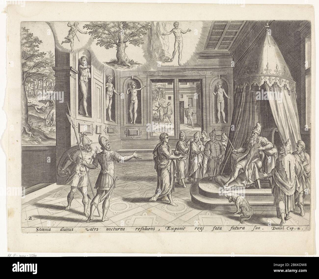 Daniele si trova davanti al trono del re Nebukadnetsar e spiega i sogni del re . In cima si può vedere il sogno del re. Una guardia cade dal cielo e dà un'istruzione al grande albero da tagliare. Giusto il sogno dell'immagine con la testa d'oro e i piedi di ferro e argilla. Daniele dice che il primo sogno significa che il re sarà respinto e sette anni come animale vivrà. Sullo sfondo si può vedere come Nebuchadnezzar abbagliante. Lasciato nel paesaggio Nebuchadnezzar vive come un animale e mangiare erba. Tra le prestazioni, un riferimento in latino alla Bibbia in Foto Stock