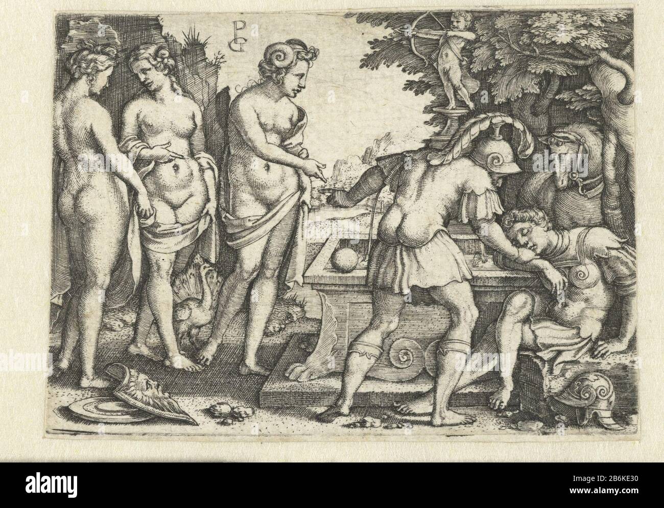 Sogno di Parigi Parigi sta dormendo accanto ad una fontana, Mercurio lo prova a svegliarsi. Indica la mela dorata e le tre dee Giunone, Minerva e Venere lasciarono parlare tra loro zijn. Produttore : stampatore Georg Pencz (edificio elencato) nel suo disegno: Georg PenczPlats prodotto: Germania Data: 1540 - 1542 caratteristiche Fisiche: Engra materiale: Carta Tecnica: Engra (processo di stampa) dimensioni: Foglio: H 60 mm × W 84 mm Oggetto: Il sogno di Parigi Foto Stock