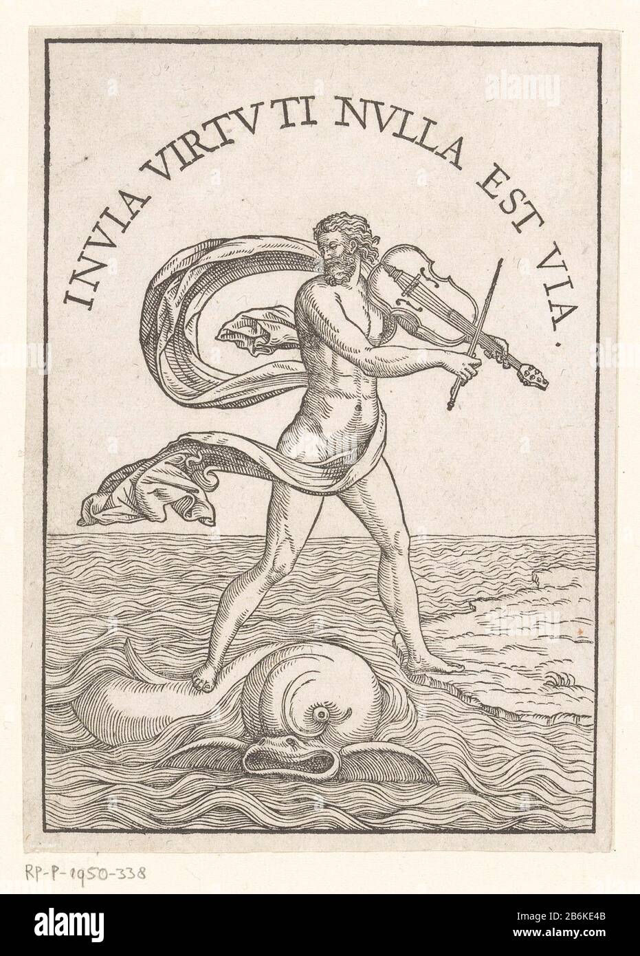 Stampato da Marco di Giovanni Oporinus Arion sul delfino Invia Virtuti nullest via (oggetto titolo) Il poeta greco Arion si erge con un piede su un delfino e l'altro piede sulla terra. Suona la lira da braccio. Citazione in latino tratta dalla Metamorfosen di Ovidio. Produttore : stampatore: Anonymous luogo fabbricazione: Italia Data: 1517 - 1568 Materiale: Carta Tecnica: Legno dimensioni: Immagine: H 164 mm × W 114 mm Oggetto: Arion Rides su un delfino, tenendo i suoi strumenti a lyrestring (a gomito) mammiferi da nuoto: DolphinWie John Oporinus Foto Stock