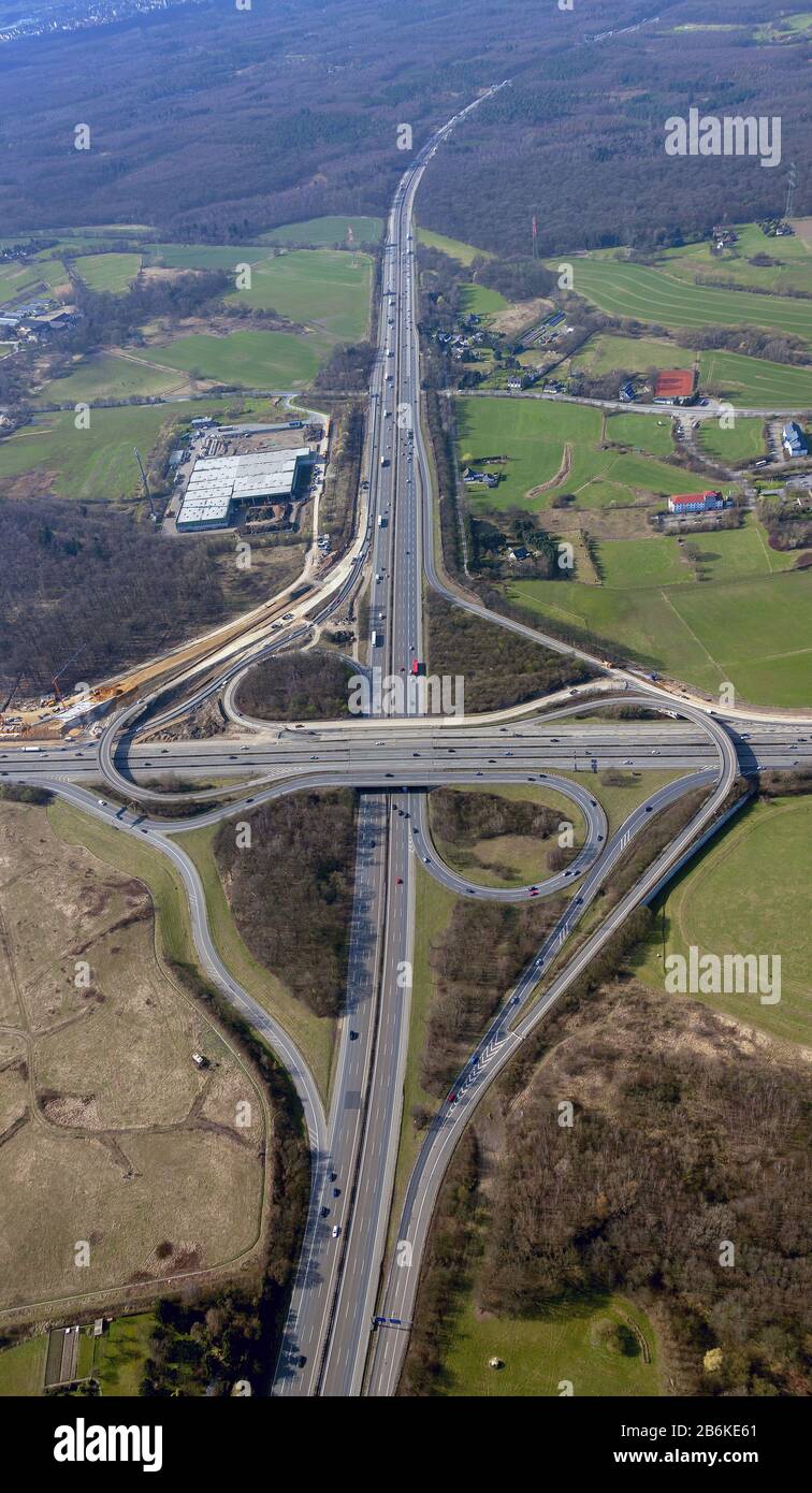 , lavori di ampliamento al bivio dell'autostrada A 3 Breitscheid / A52 a Breitscheid, 19.03.2012, vista aerea, Germania, Nord Reno-Westfalia, Ratingen Foto Stock