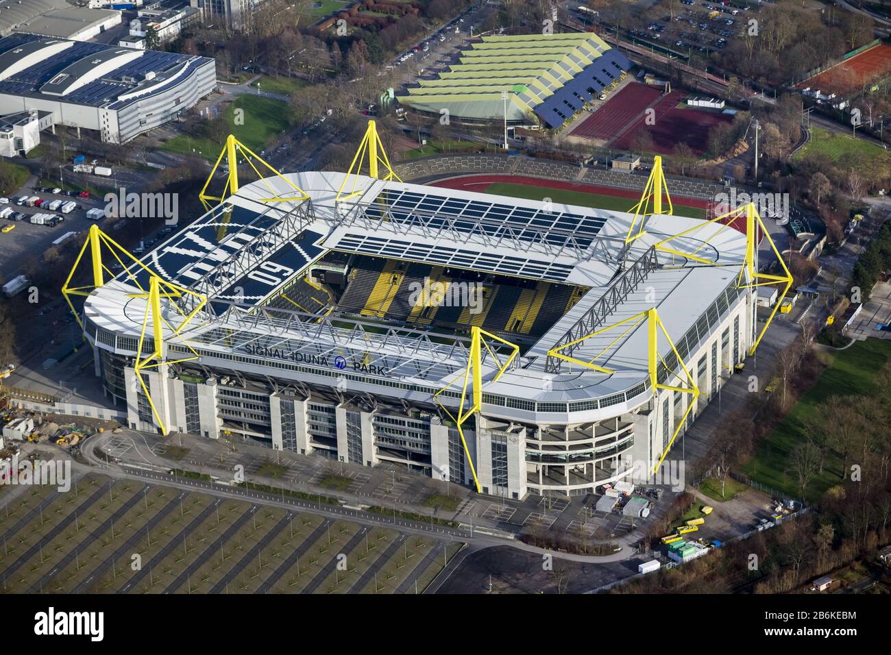 Stadio Westfalenstadion di Dortmund BVB, 19.01.2014, vista aerea, Germania, Renania Settentrionale-Vestfalia, zona della Ruhr, Dortmund Foto Stock