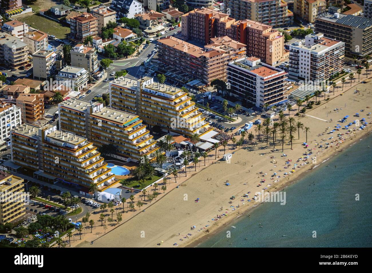 Hotel a costo di Roses a Costa Brava, vista aerea, 23.07.2014, Spagna, Katalonia, Girona, Roses Foto Stock