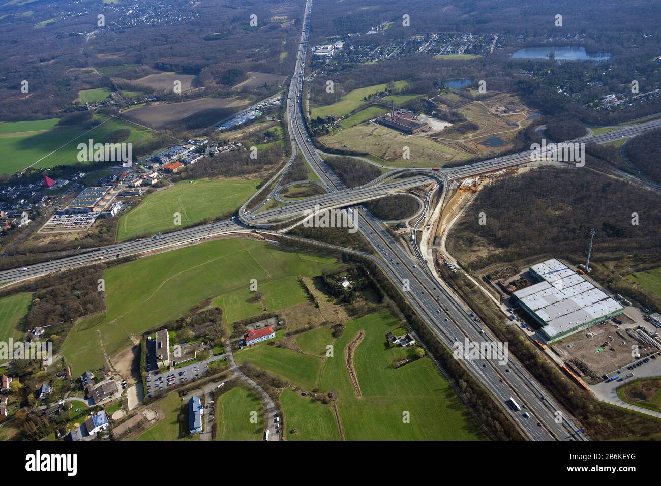 , lavori di ampliamento al bivio dell'autostrada A 3 Breitscheid / A52 a Breitscheid, 19.03.2012, vista aerea, Germania, Nord Reno-Westfalia, Breitscheid Foto Stock