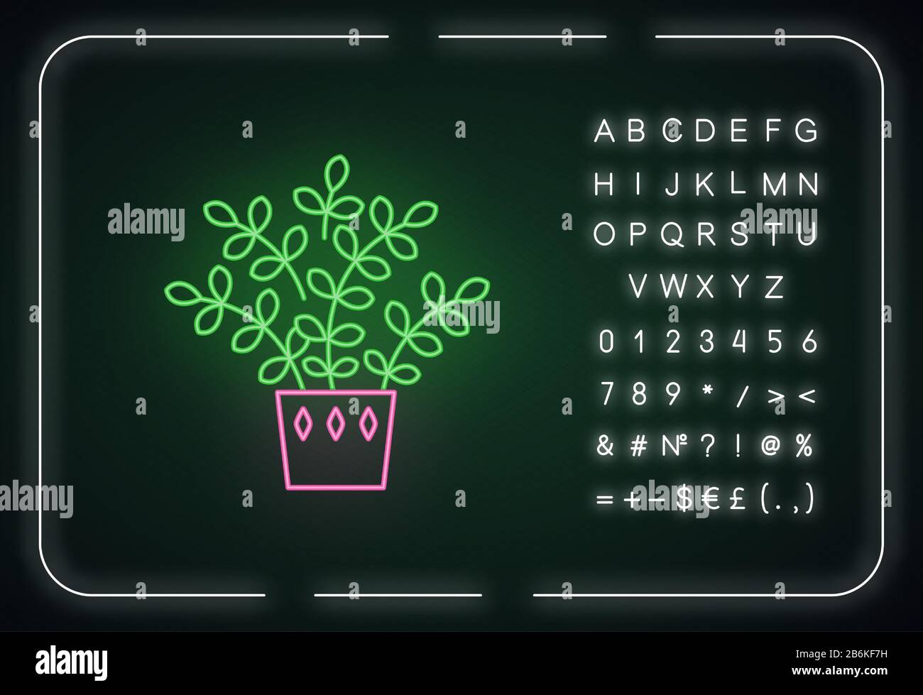 ZZ Plant neon icona. Zamioculcas. Zanzibar Gem. Pianta tropicale coperta con foglie piccole. Effetto incandescente esterno. Firma con alfabeto, numeri e. Illustrazione Vettoriale