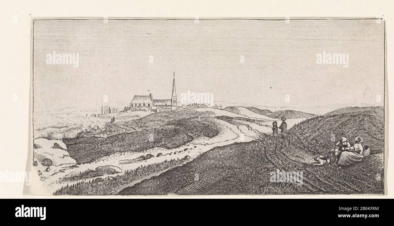 Duinlandschap a Zandvoort nelle figure paesaggi (titolo della serie) Coppia Di Riposo con un cane e due escursionisti nelle dune di Zandvoort. Sullo sfondo una chiesa. Probabilmente proprio sotto il numero precedente nell'angolo danneggiato: 10. Produttore : stampatore Jan van de Velde (II) Editore: Hendrick Hondius (i) (possibile) Luogo di produzione: Northern Netherlands Data: 1627 e / o 1631 caratteristiche Fisiche: Acquaforte e engra materiale: Carta Tecnica: Acquaforte / engra (processo di stampa) Misure: Foglio: H 83 mm (taglio sul bordo della piastra) × W 163 mmToelichtingPrent utilizzato anche come illustrazione nella b Foto Stock